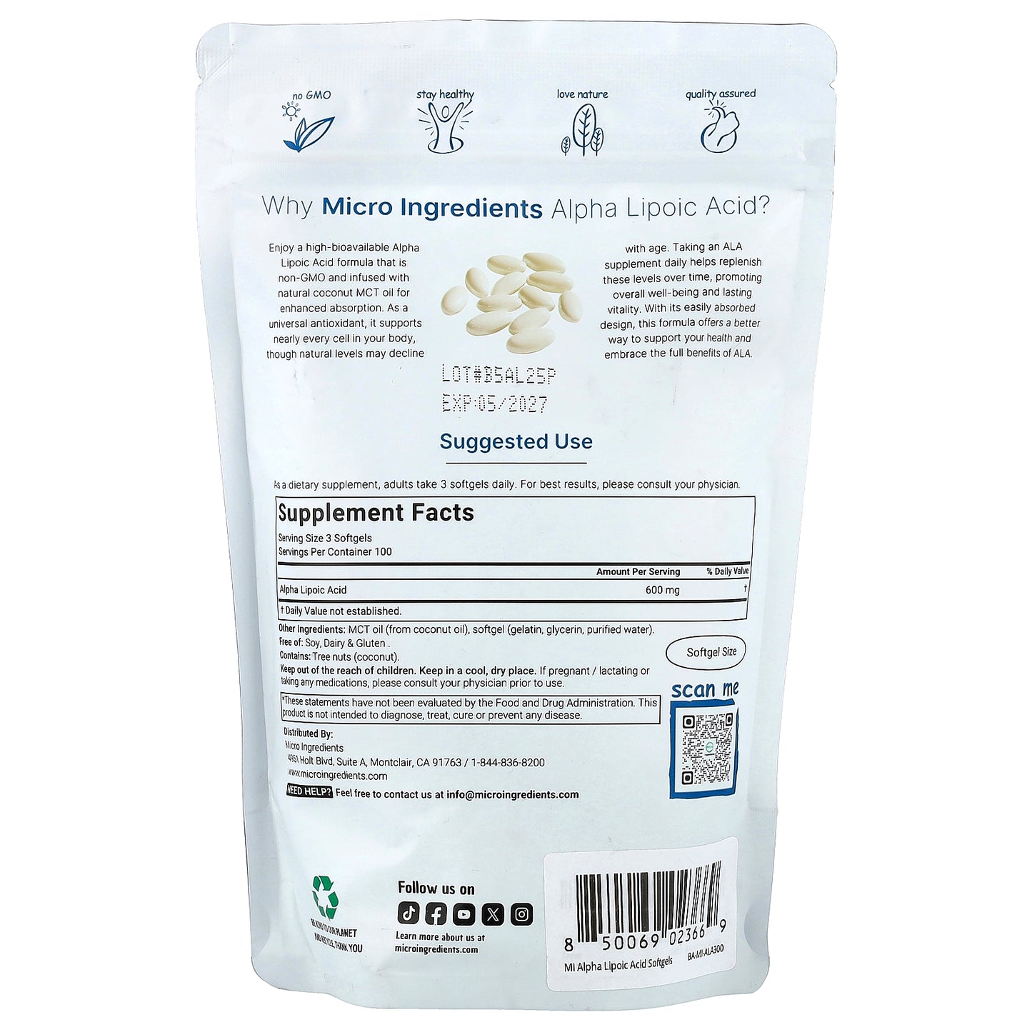 Micro Ingredients, Alpha Lipoic Acid, 300 Softgels (200 mg Per Softgel)
