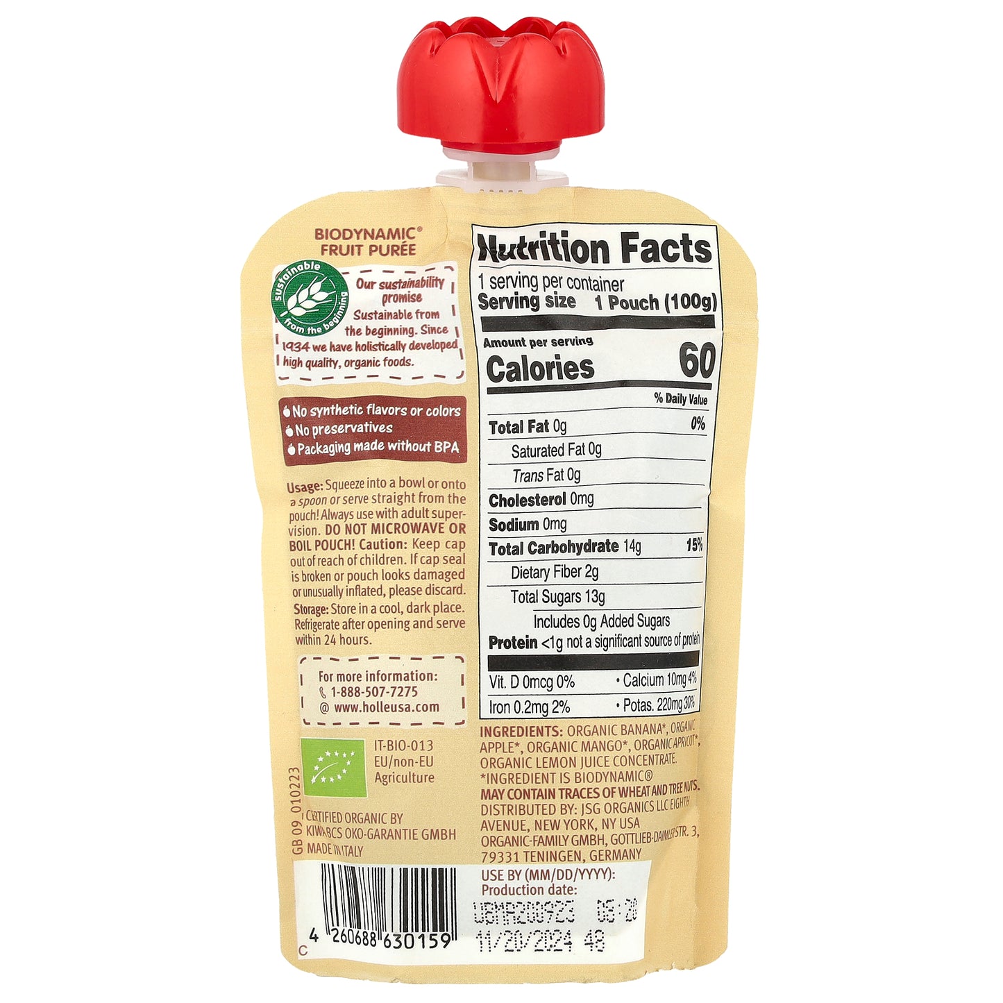 Holle, Organic Fruit Puree, Banana Llama, 6+ Months, Banana, Apple, Mango & Apricot, 3.5 oz (100 g)