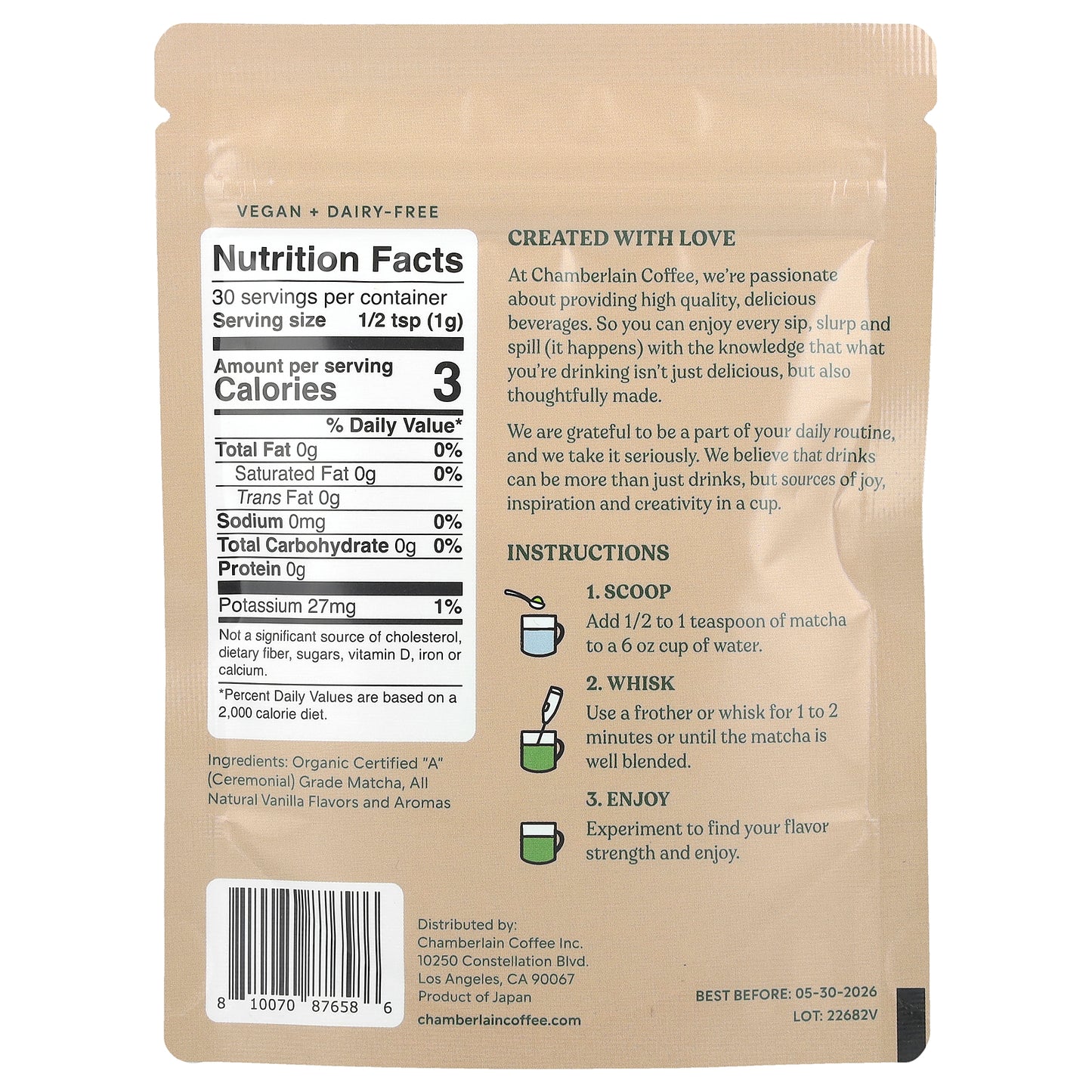 Chamberlain Coffee, Vanilla Matcha Powder, Ceremonial Grade, 1.06 oz (30 g)