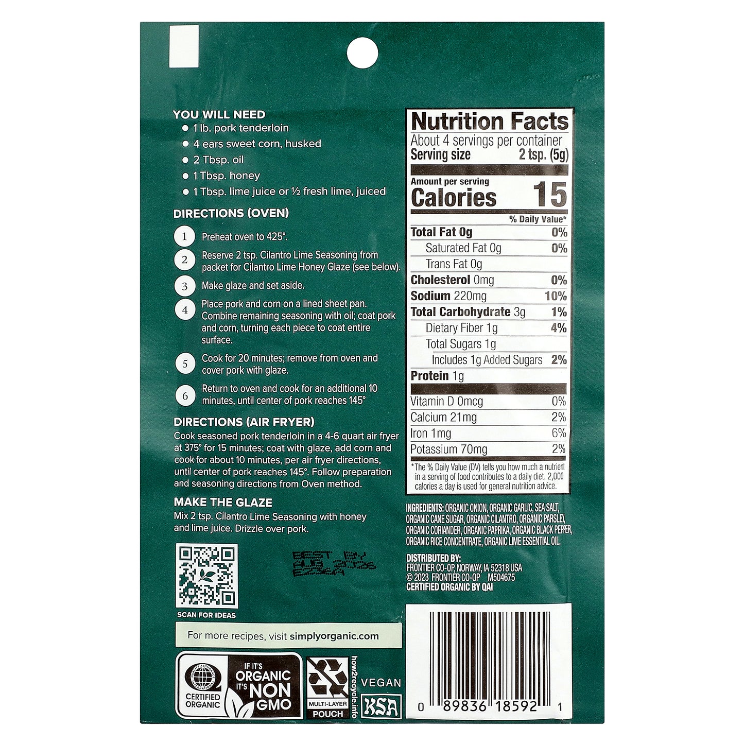 Simply Organic, Sheet Pan Seasoning Mix, Cilantro Lime, 0.71 oz (20 g)