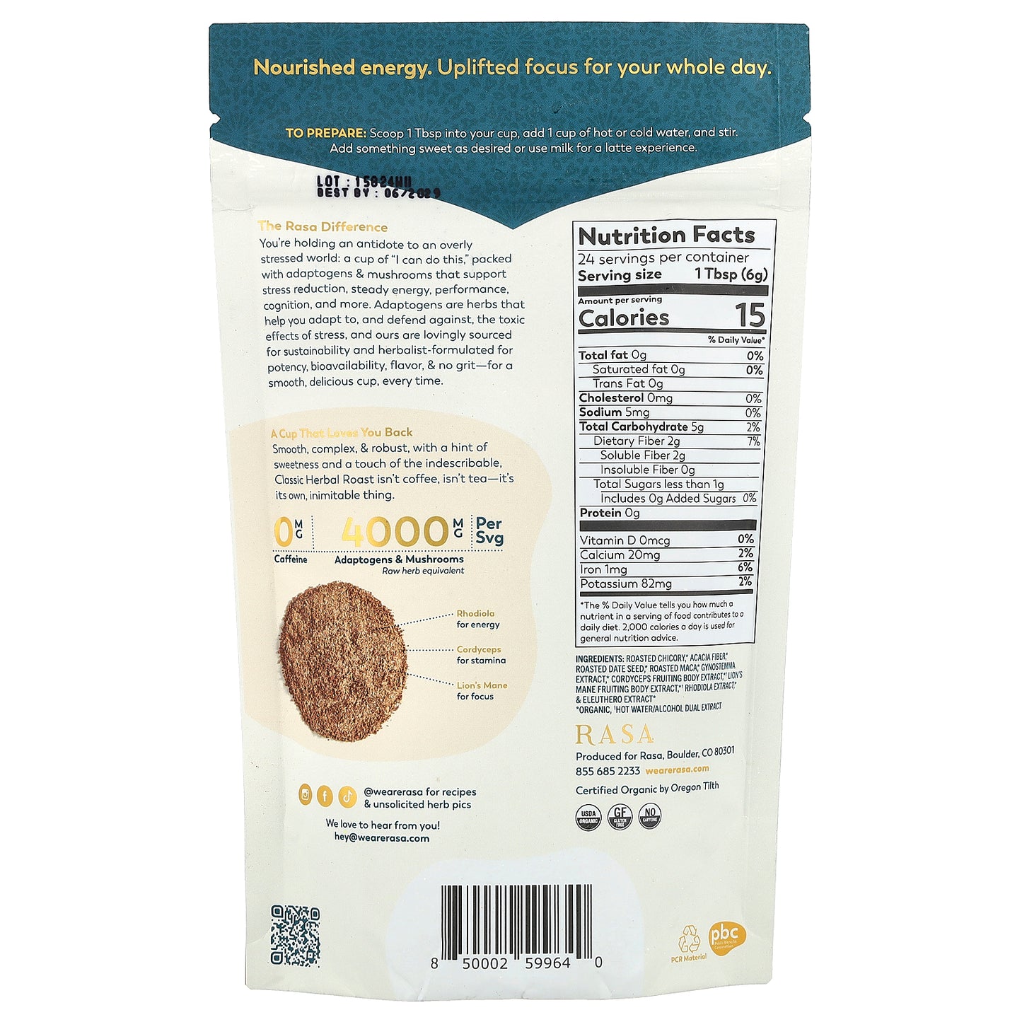 Rasa, Adaptogen & Mushroom Coffee Alternative, Instant, Classic Herbal Roast, 5 oz (144 g)