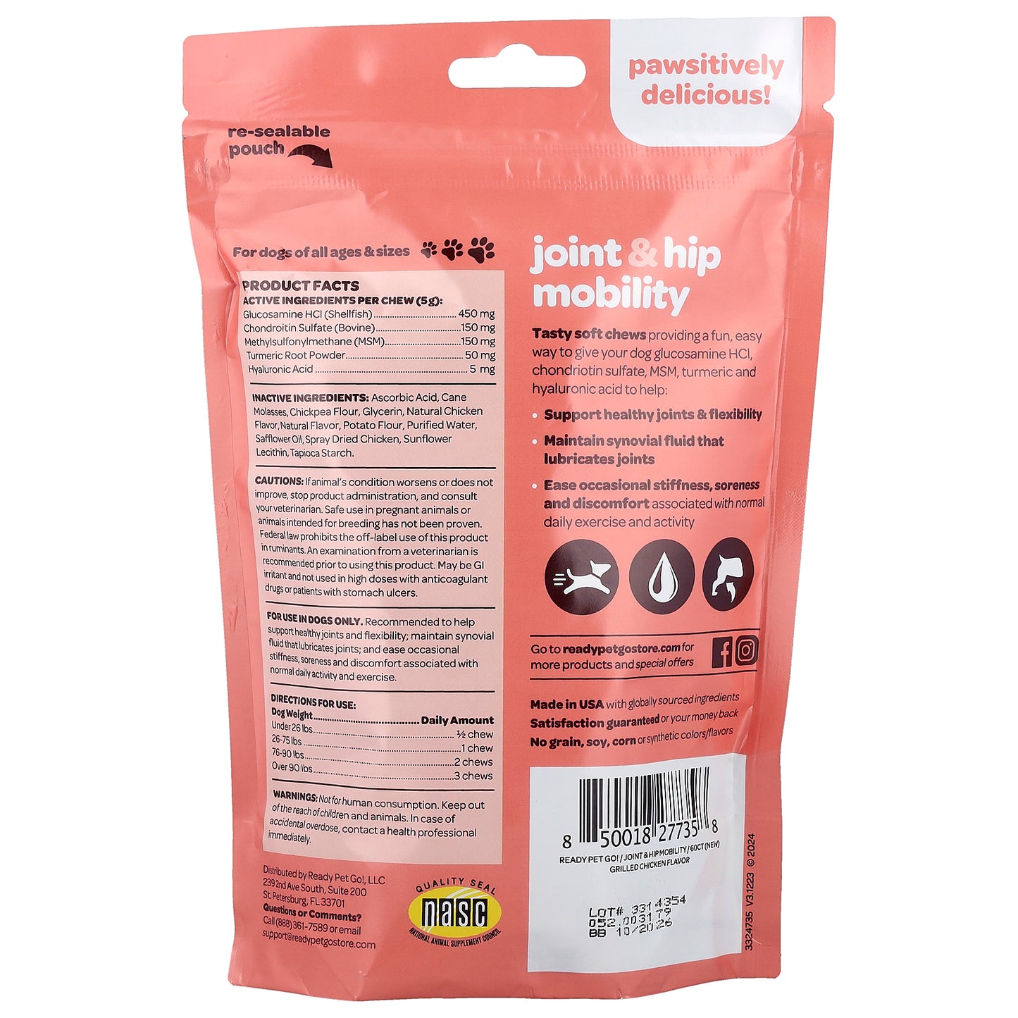 Ready Pet Go, Joint & Hip Mobility, For Dogs, All Ages, Grilled Chicken , 60 Soft Chews, 10.6 oz (300 g)