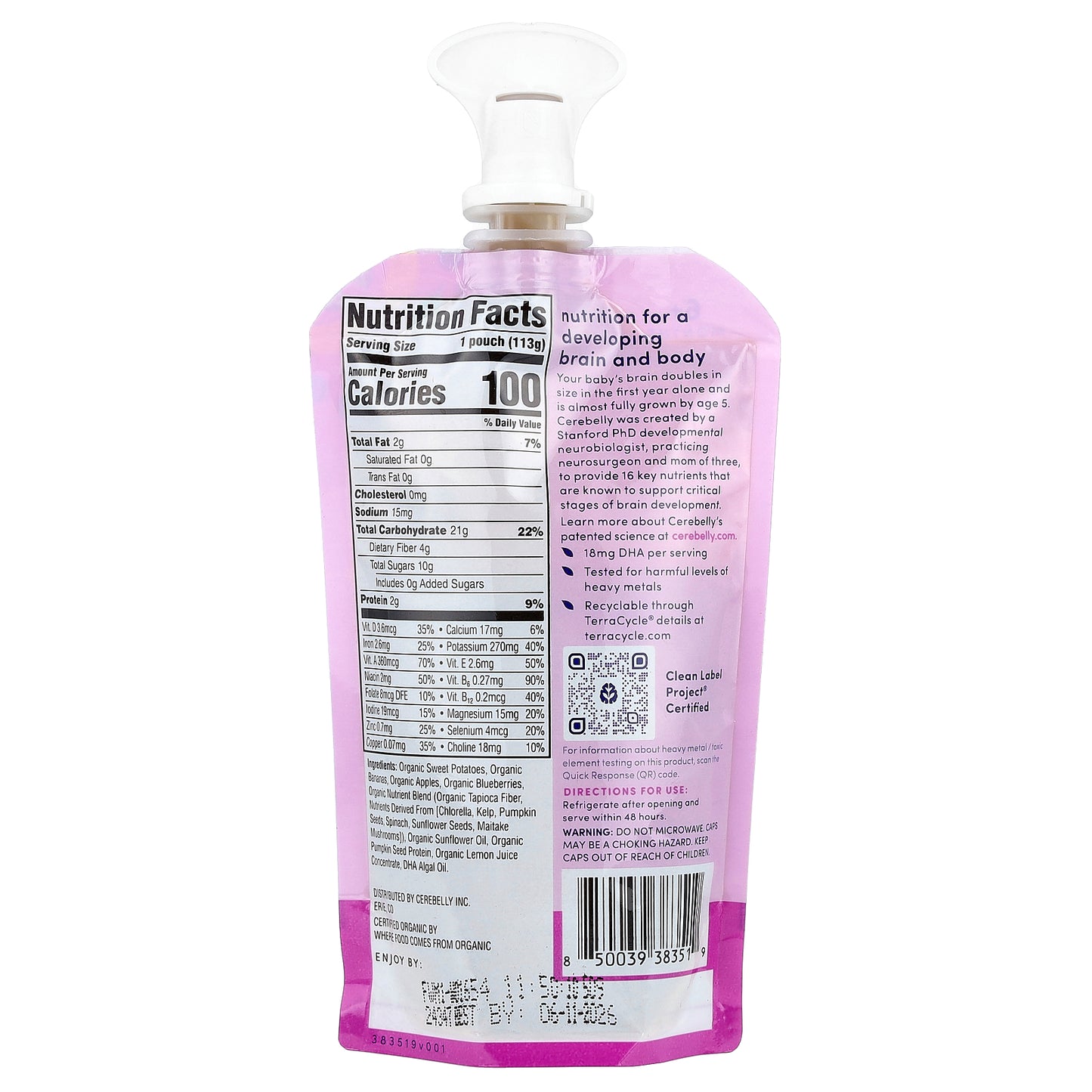 Cerebelly, Smoothie, Dairy-Free Organic Puree, 6+ Months, Sweet Potato, Banana Blueberry, 4 oz (113 g)