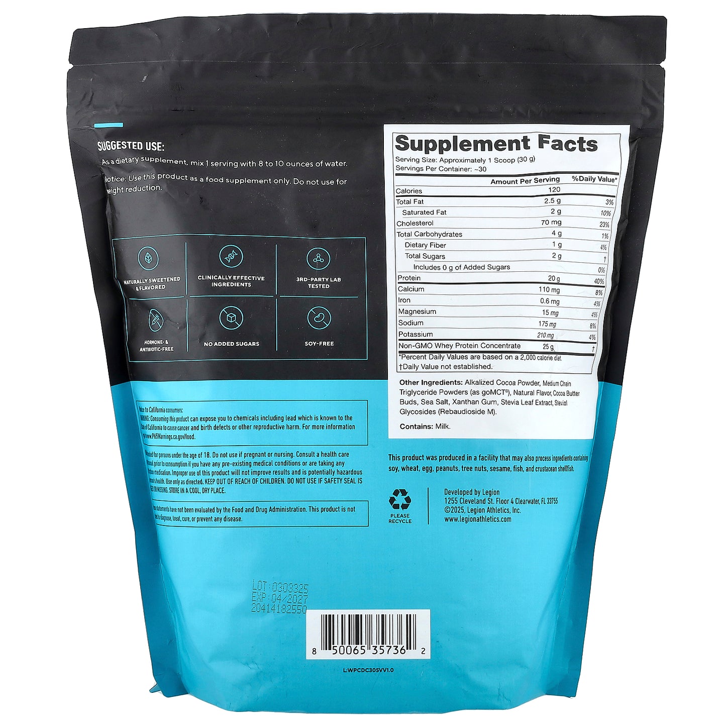 Legion Athletics, Whey Concentrate, Whey Protein Powder, Dutch Chocolate, 2.02 lbs (915 g)