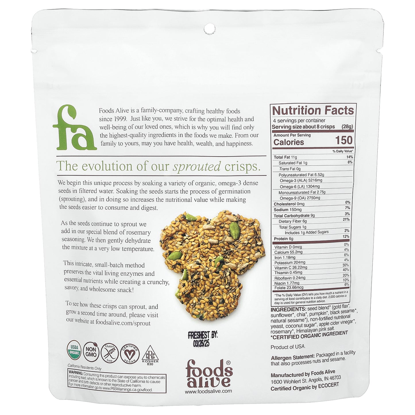 Foods Alive, Sprouted Crisps, Rosemary, 4 oz (113 g)