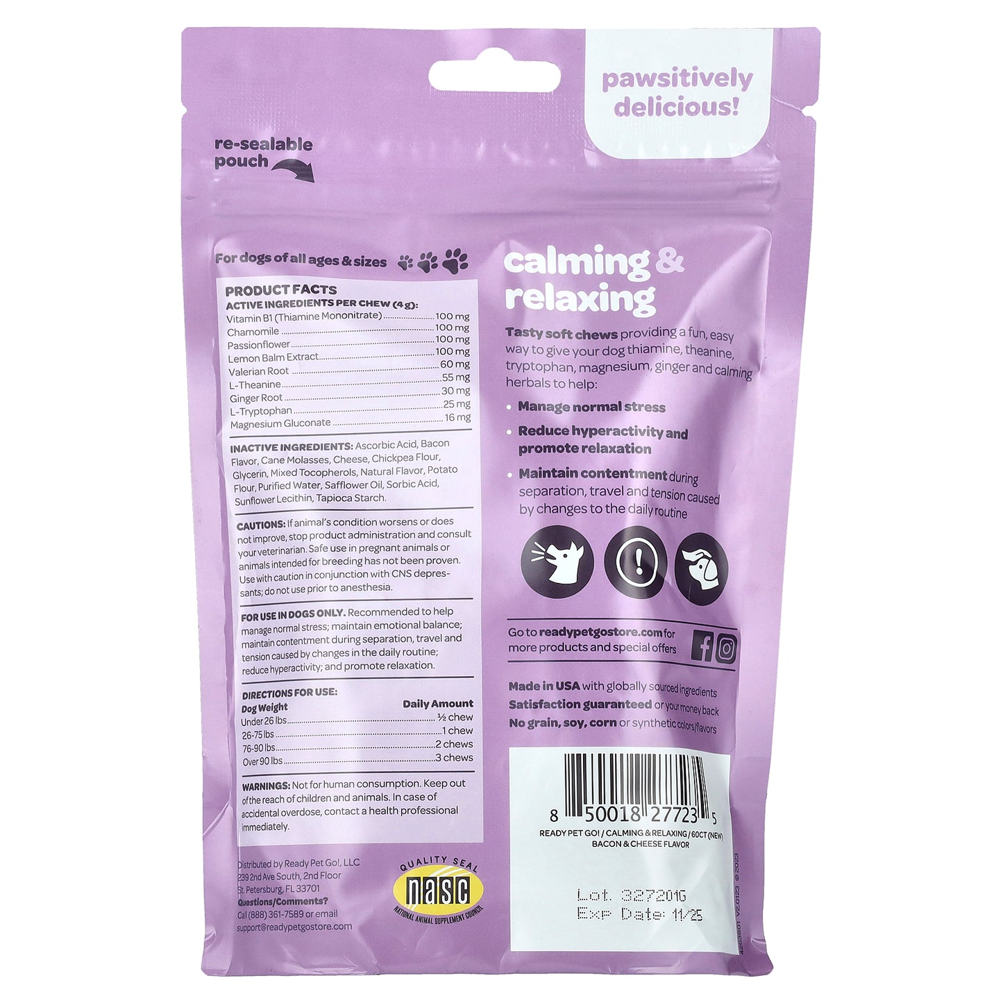 Ready Pet Go, Calming & Relaxing, For Dogs, All Ages, Bacon & Cheese, 60 Soft Chews, 8.5 oz (240 g)