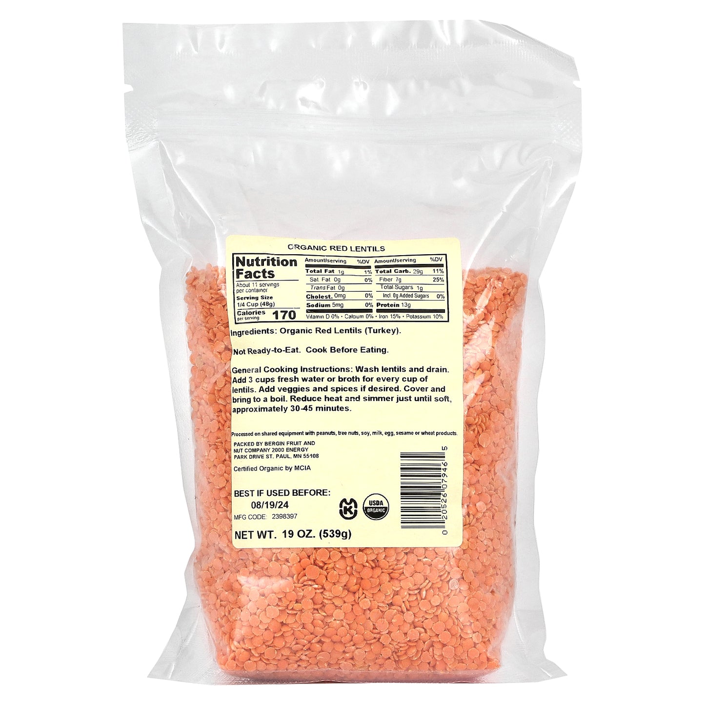 Bergin Fruit and Nut Company, Organic Red Lentils, 19 oz (539 g)