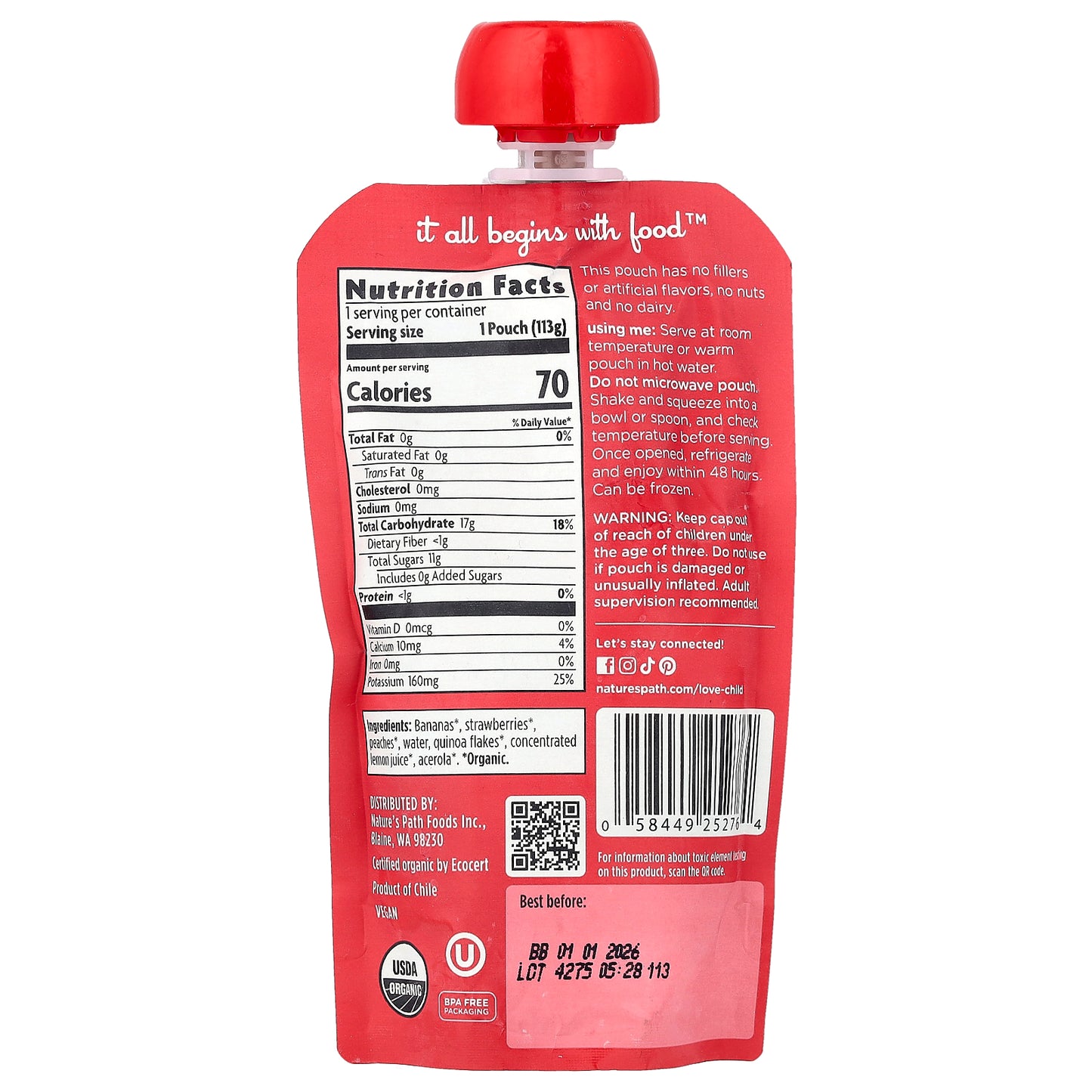 Love Child Organics, Nature's Path, Organic Baby Puree, 6 Months+, Bananas, Strawberries, Peaches, 4 oz (113 g)