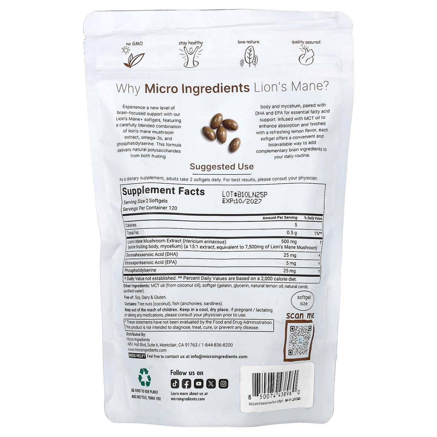 Micro Ingredients, Lion's Mane + Omega-3 (DHA+EPA) Phosphatidylserine, Lemon, 240 Softgels