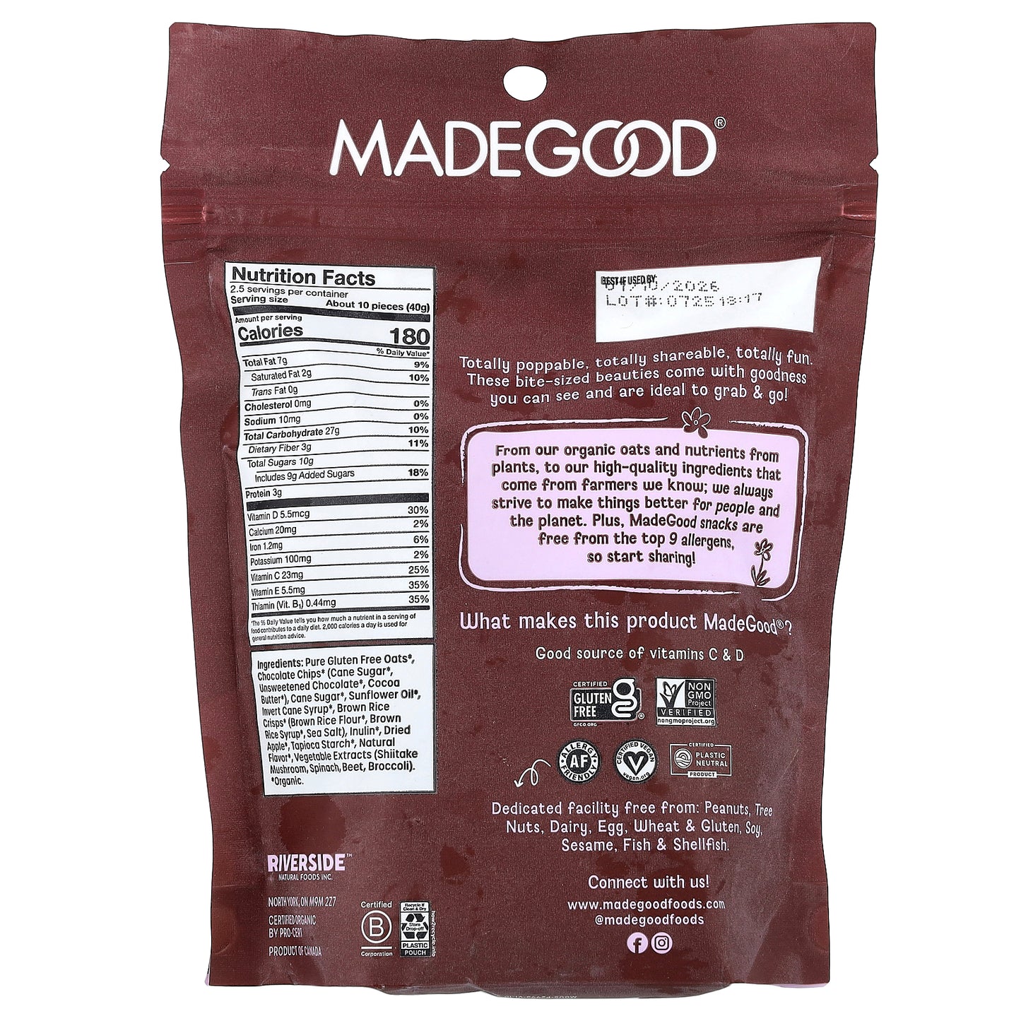 MadeGood, Organic Granola Bites, Chocolate Chips, 3.5 oz (100 g)