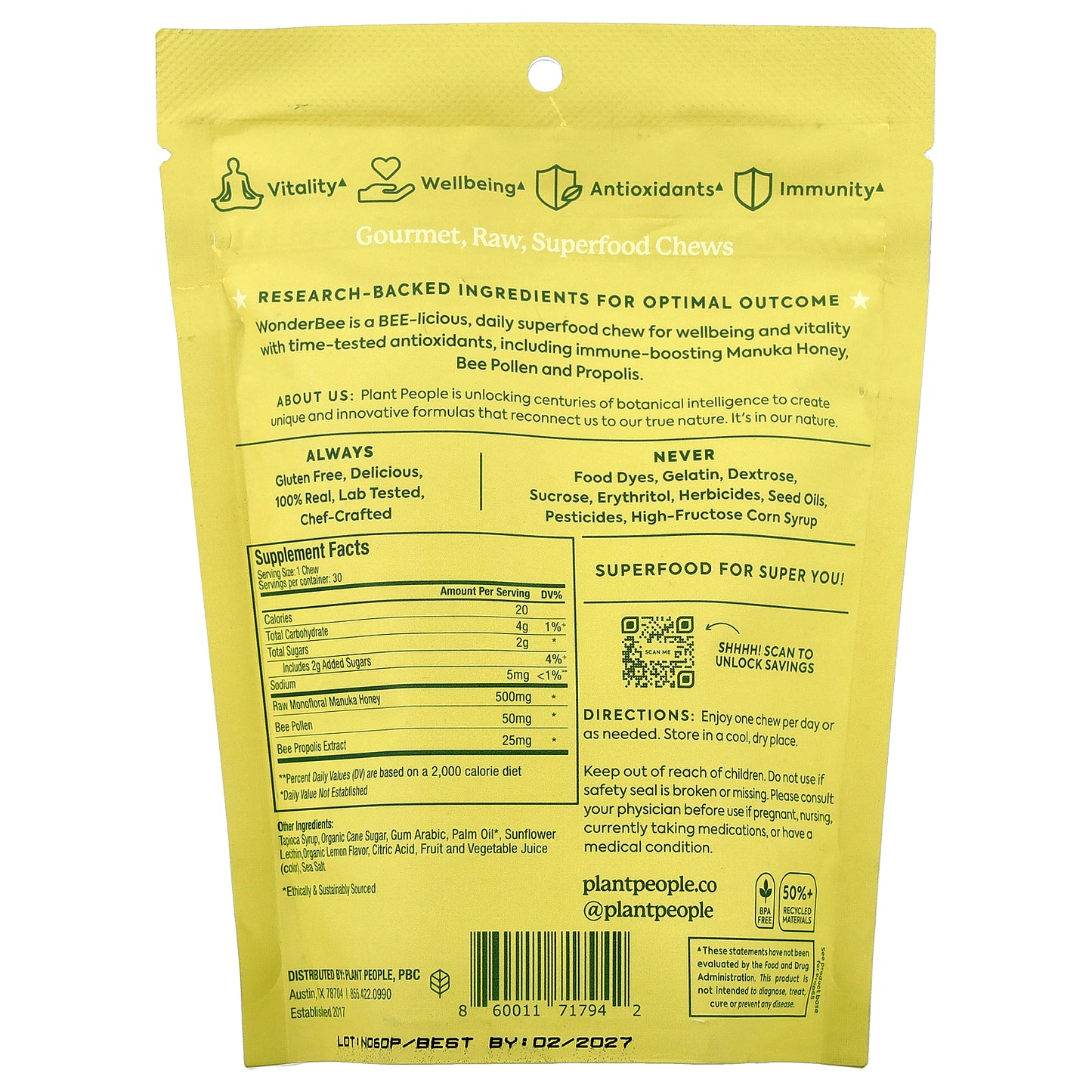 Plant People, WonderBee®, Superfood Honey Chews, Lemon, MGO 400+ , 30 Chews