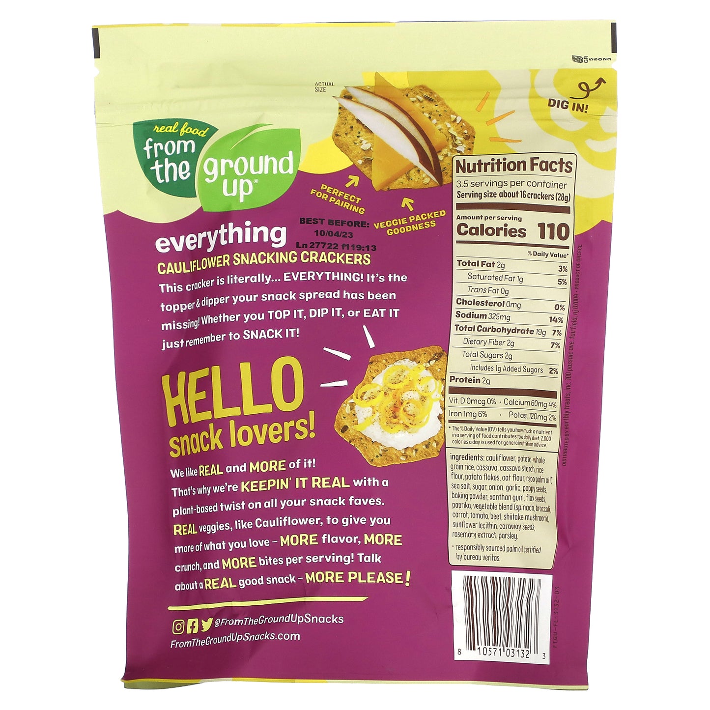 From The Ground Up, Cauliflower Snacking Crackers, Everything, 3.5 oz (100 g)