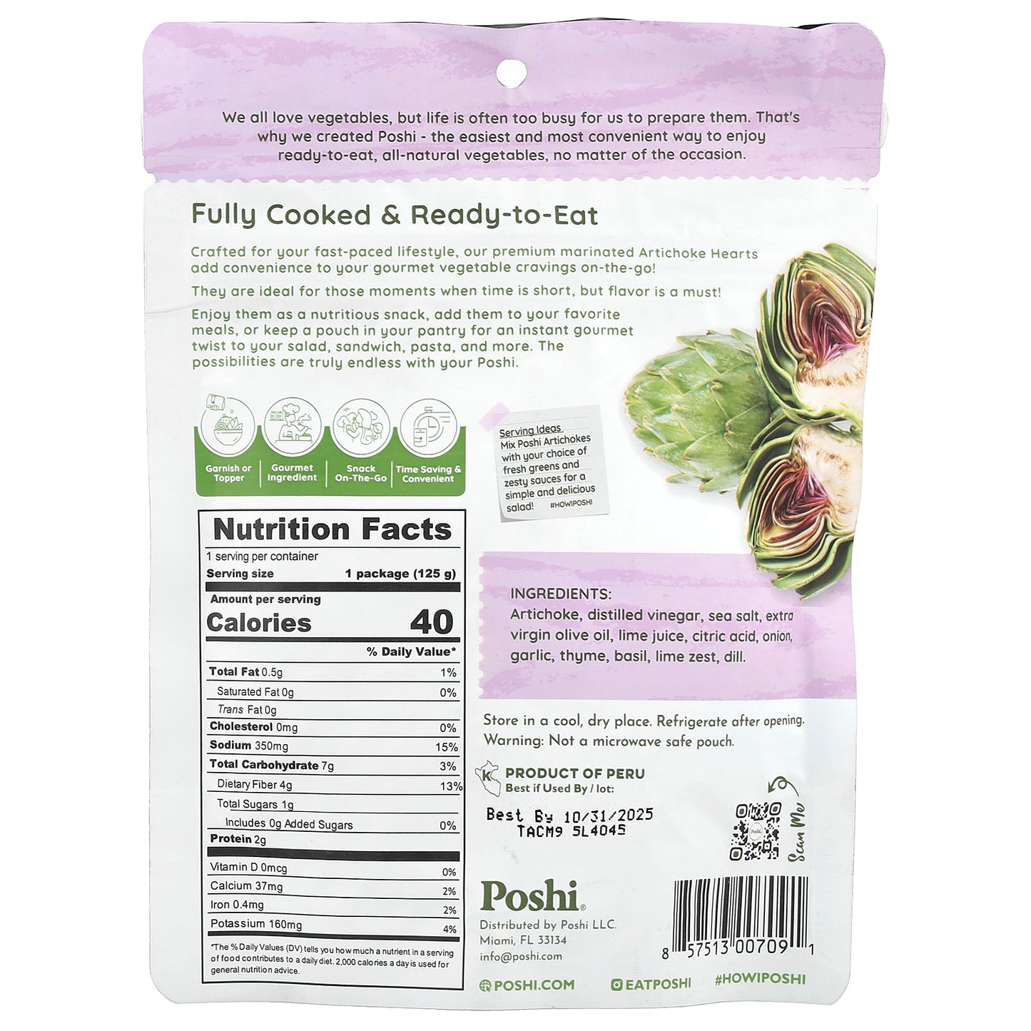 Poshi, Easy Chef, Artichokes With Basil & Thyme, 4.4 oz (125 g)