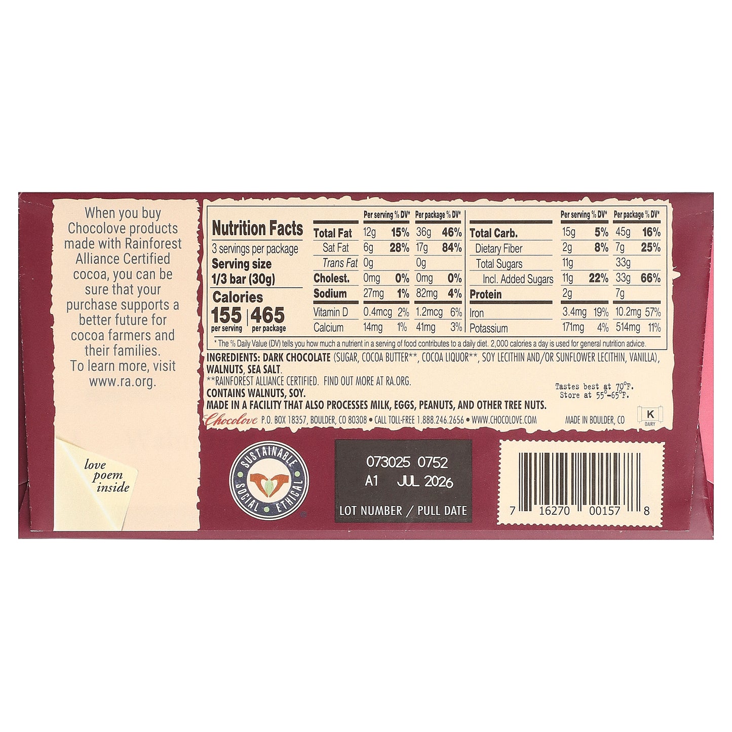 Chocolove, Walnuts & Sea Salt in Dark Chocolate, 55% Cocoa, 3.2 oz (90 g)