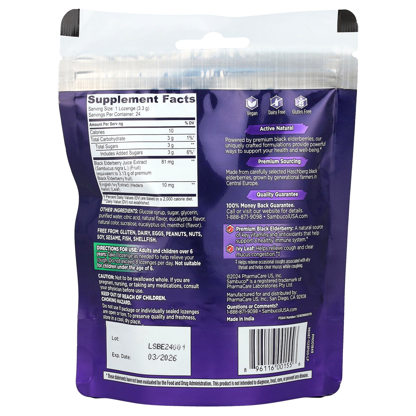 Sambucol, Black Elderberry, Cough Relief Lozenge With Ivy Leaf, Berry Eucalyptus, 24 Hard Lozenges