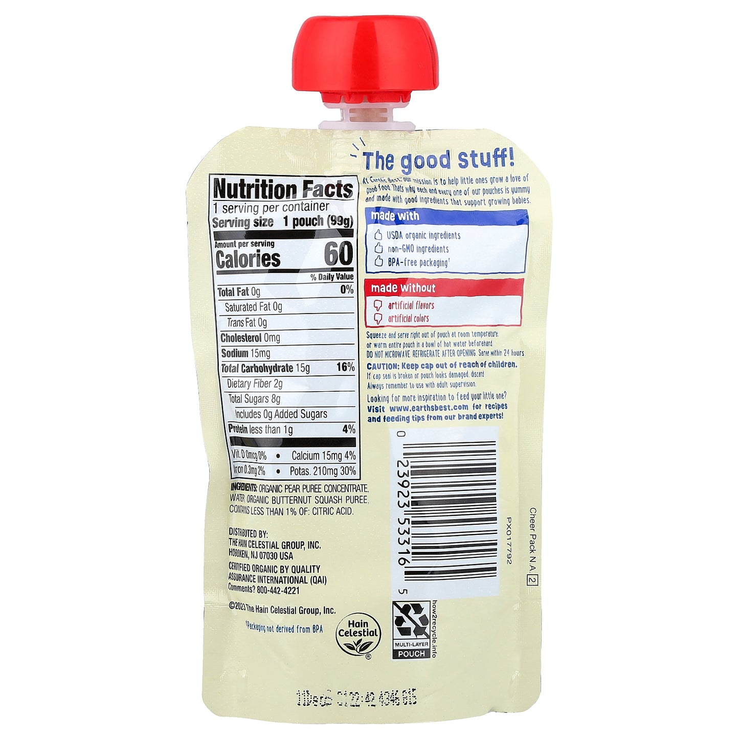 Earth's Best, Organic Fruit + Veggie Puree, 6+ Months, Pear Butternut Squash, 3.5 oz (99 g)