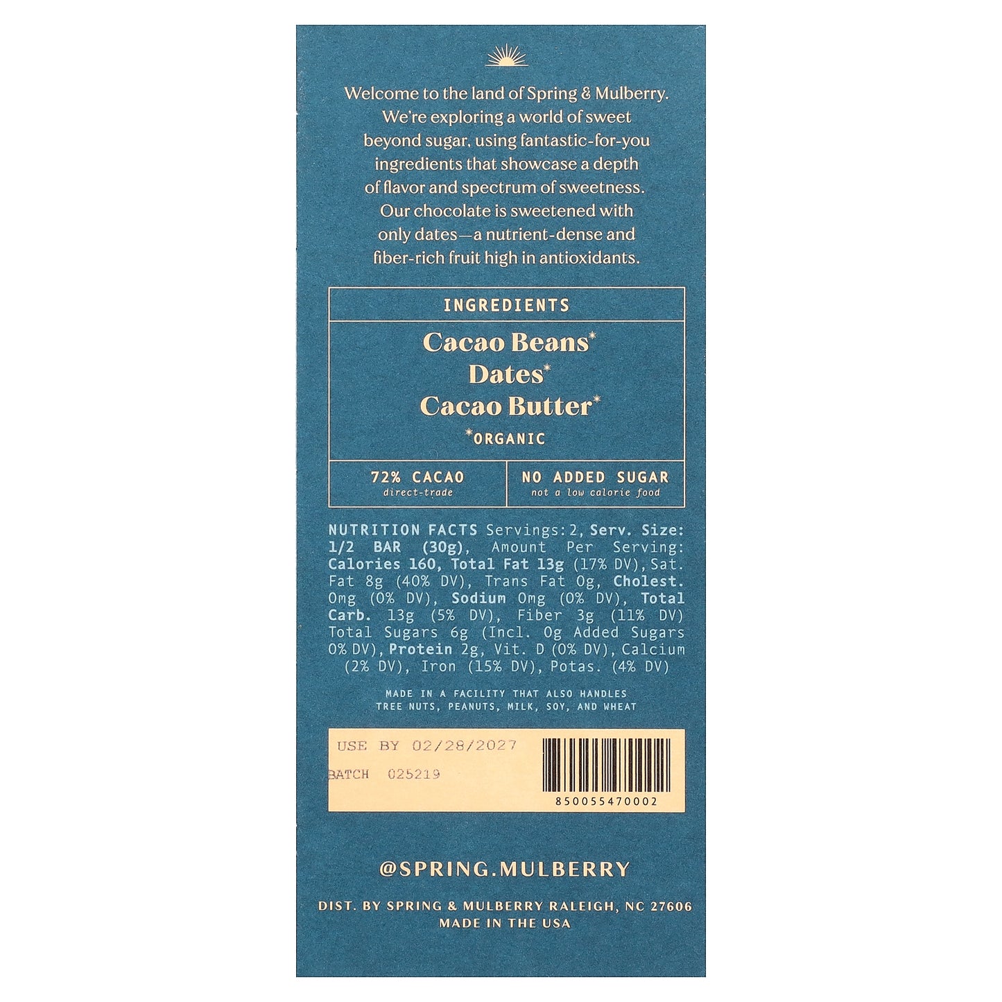 Spring & Mulberry, Date-Sweetened Chocolate, Pure Dark, 2.1 oz (60 g)