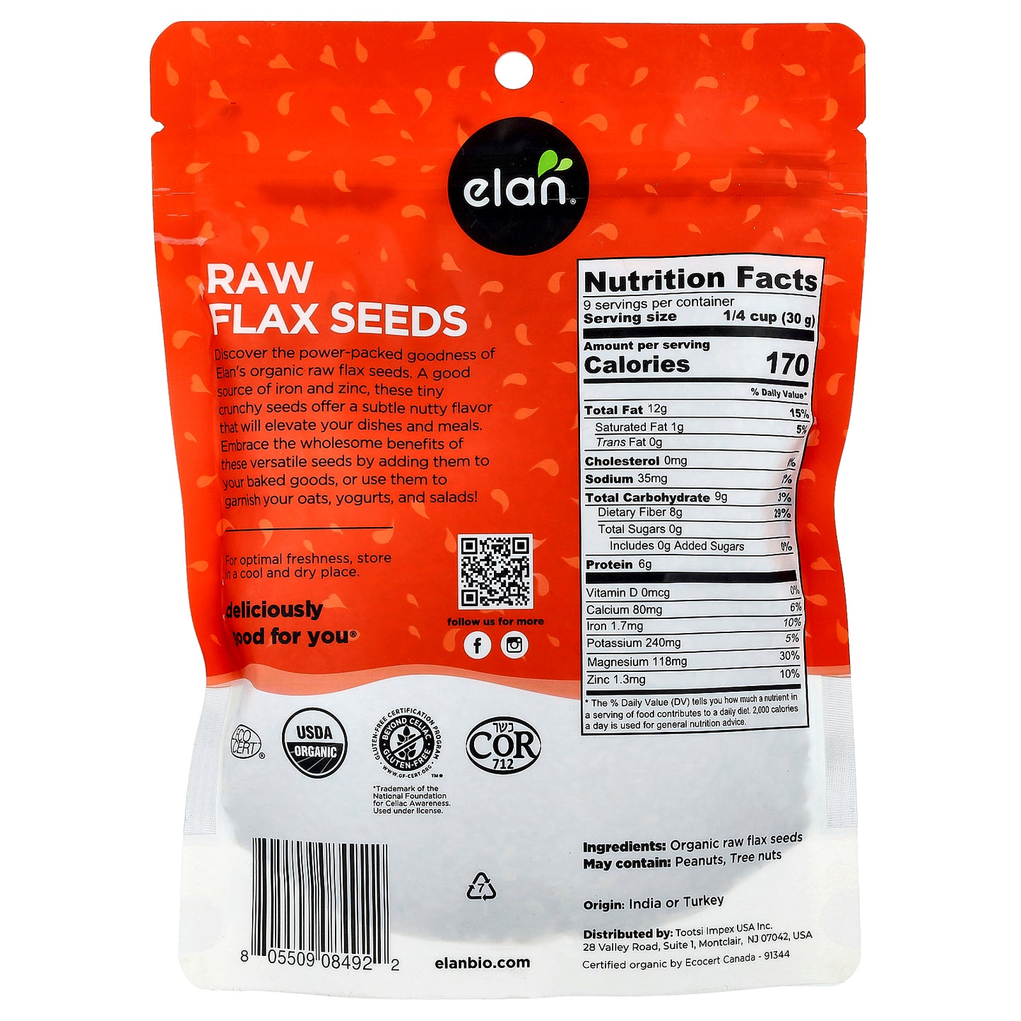 Elan, Organic Flax Seeds, Raw, 9 oz (275 g)