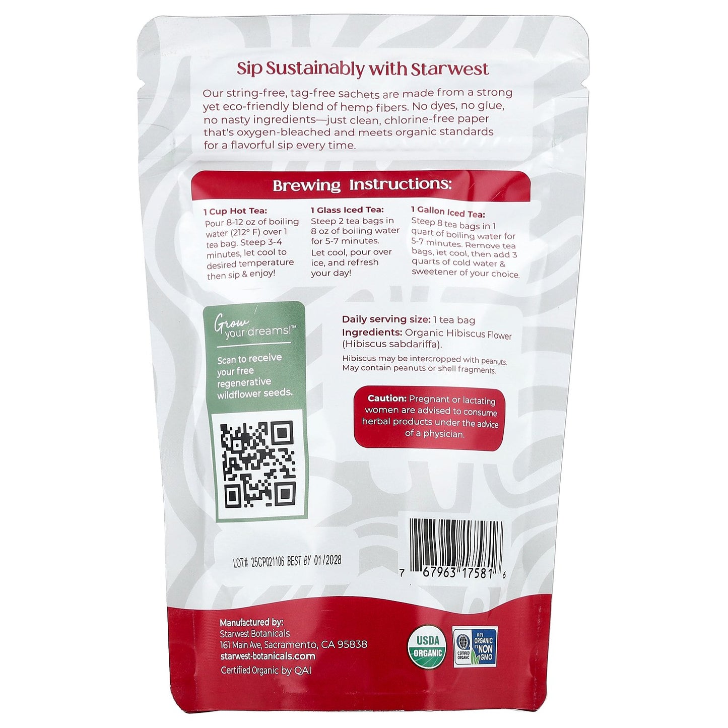 Starwest Botanicals, Organic Hibiscus Tea, Caffeine Free, 20 Organic Tea Bags, 1.4 oz (40 g)