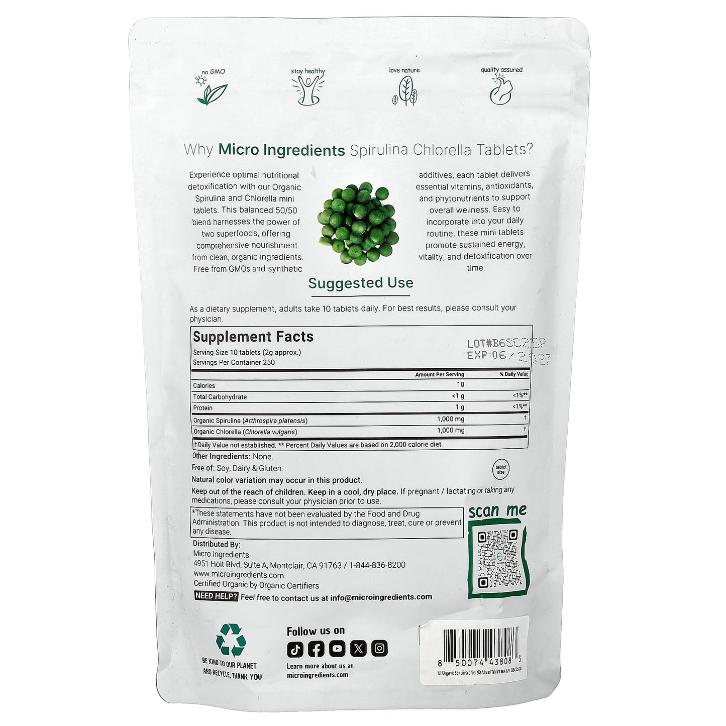 Micro Ingredients, Organic Spirulina Chlorella, 2,500 Mini Tablets