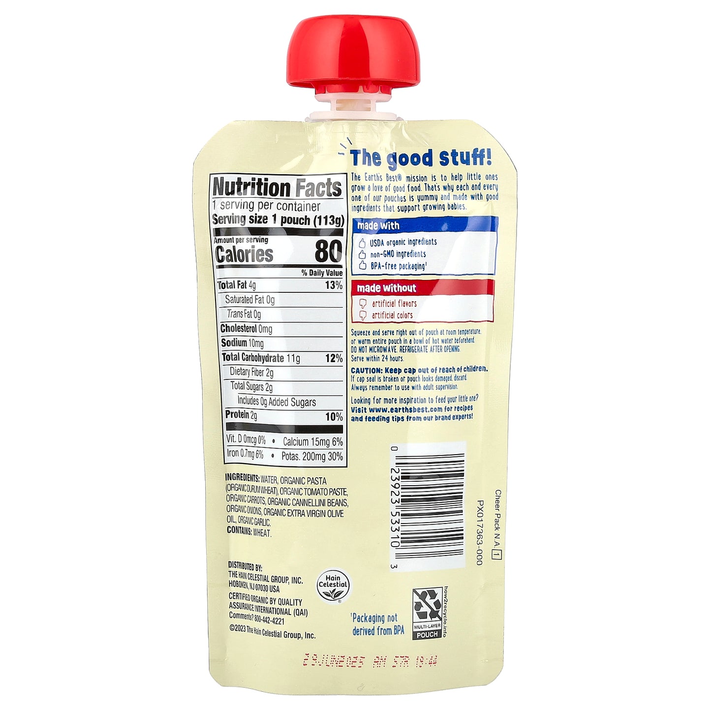 Earth's Best, Organic Pasta + Veggie Puree, Ages 7+ Months, Marinara with Veggies, 4 oz (113 g)