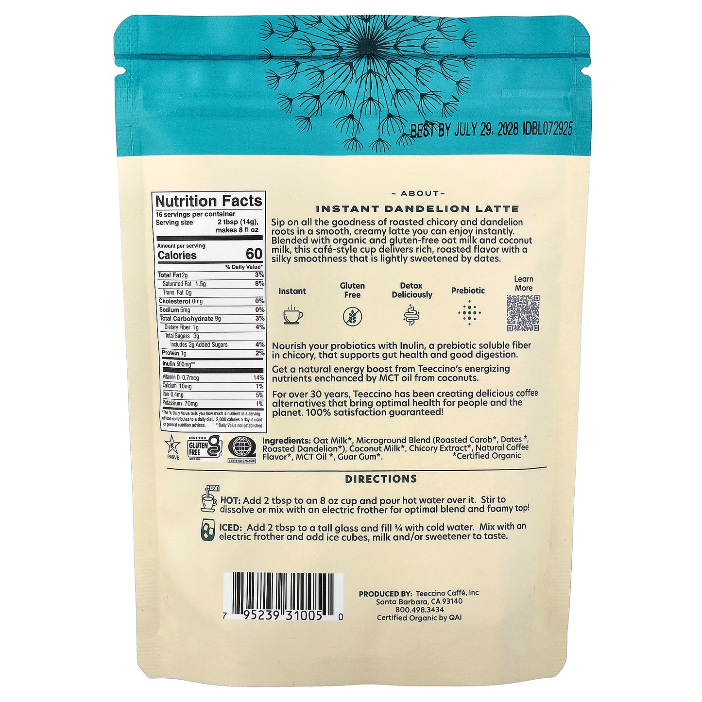 Teeccino, Instant Herbal Latte, Dandelion Blend, Caffeine Free, 7.9 oz (224 g)