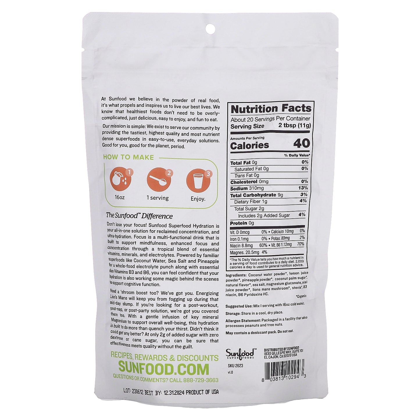 Sunfood, Superfood Hydration Focus, Pineapple Acai, 8 oz (227 g)