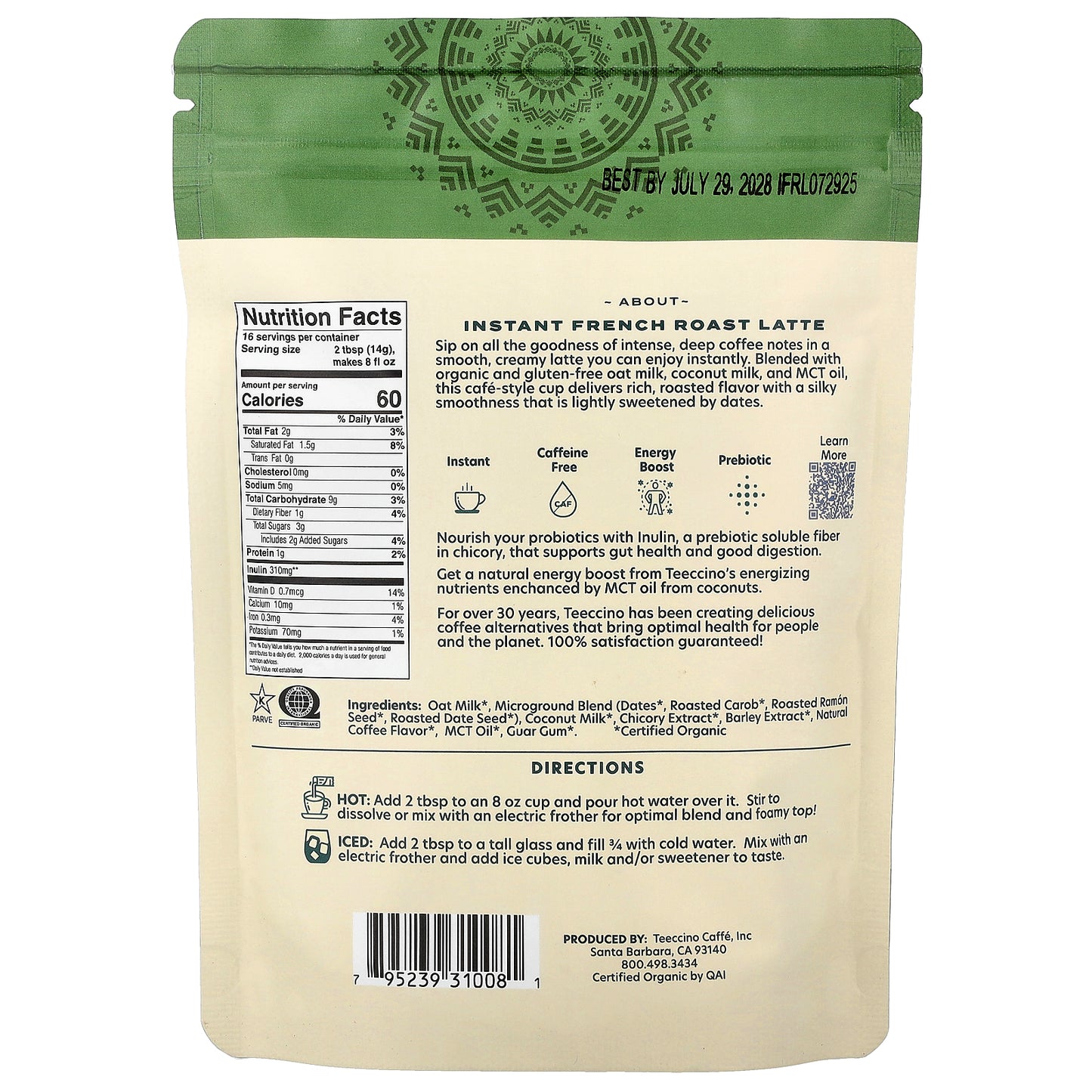 Teeccino, Instant Herbal Latte, French Roast, Dark Roast, Caffeine Free, 7.9 oz (224 g)