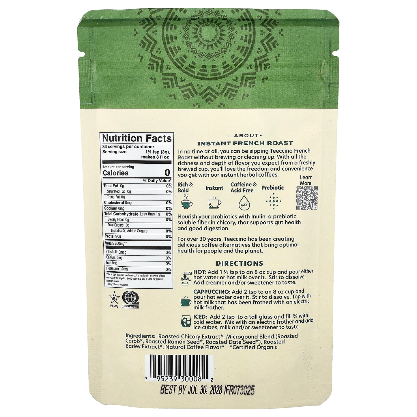 Teeccino, Instant Herbal Coffee, French Roast, Dark, Caffeine Free, 3.53 oz (100 g)