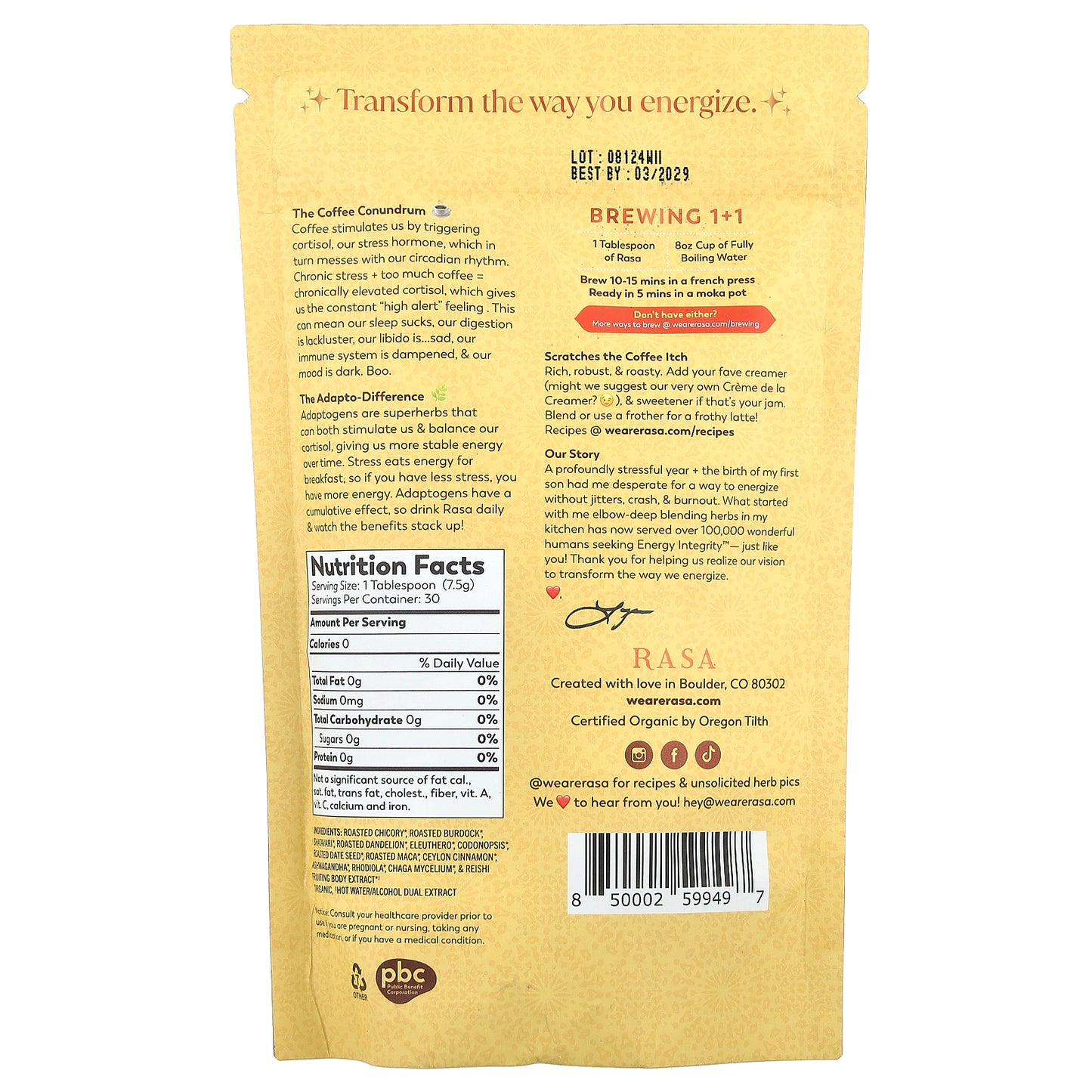 Rasa, Adaptogen-Packed Herbal Coffee Alternative, Original, 8 oz (226 g)