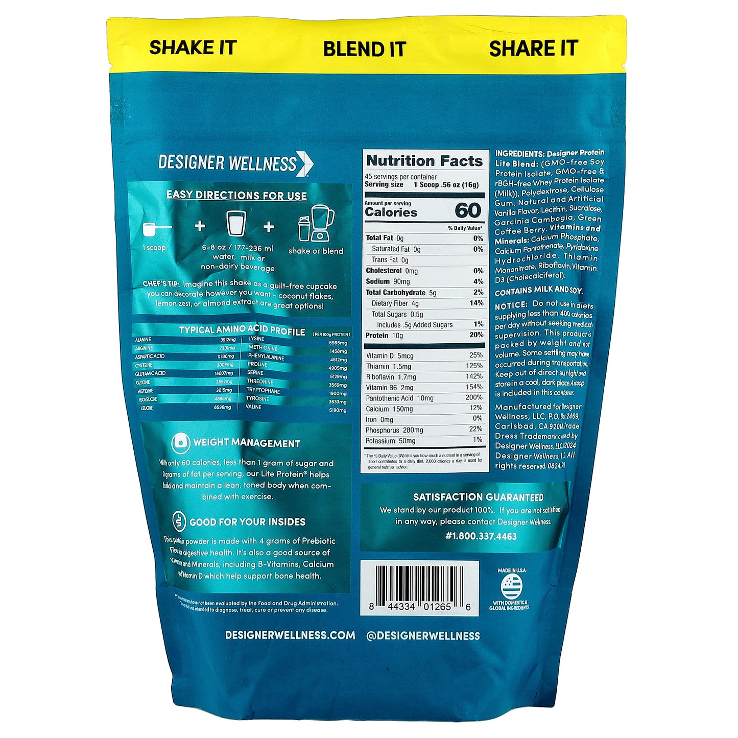 Designer Wellness, Designer Lite®, Plant + Whey Protein Powder, Vanilla Cupcake, 1.6 lb (720 g)