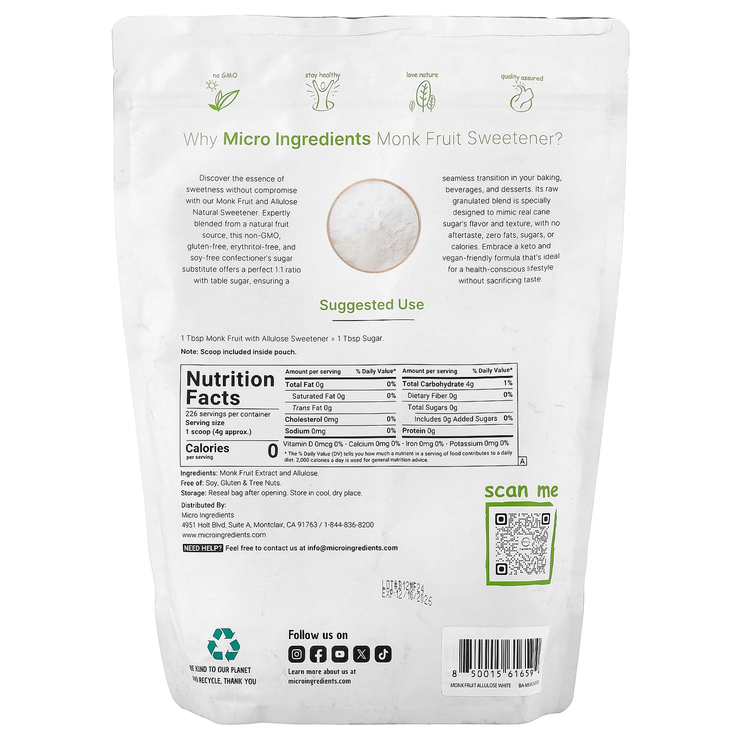 Micro Ingredients, Monk Fruit Sweetener with Allulose, Classic White, 2 lb (907 g)