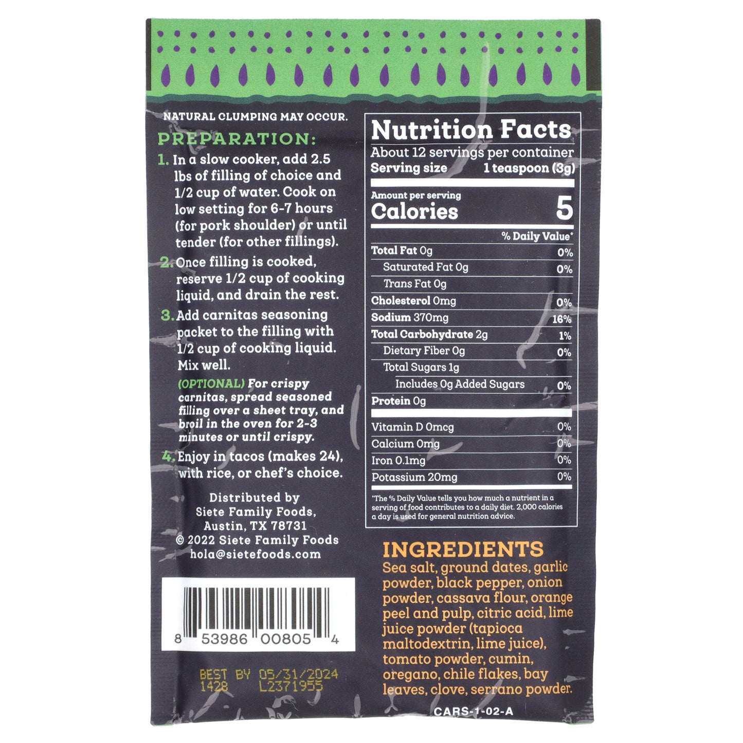 Siete, Carnitas Seasoning, Slow Cooker Spice, 1.29 oz (36.7 g)