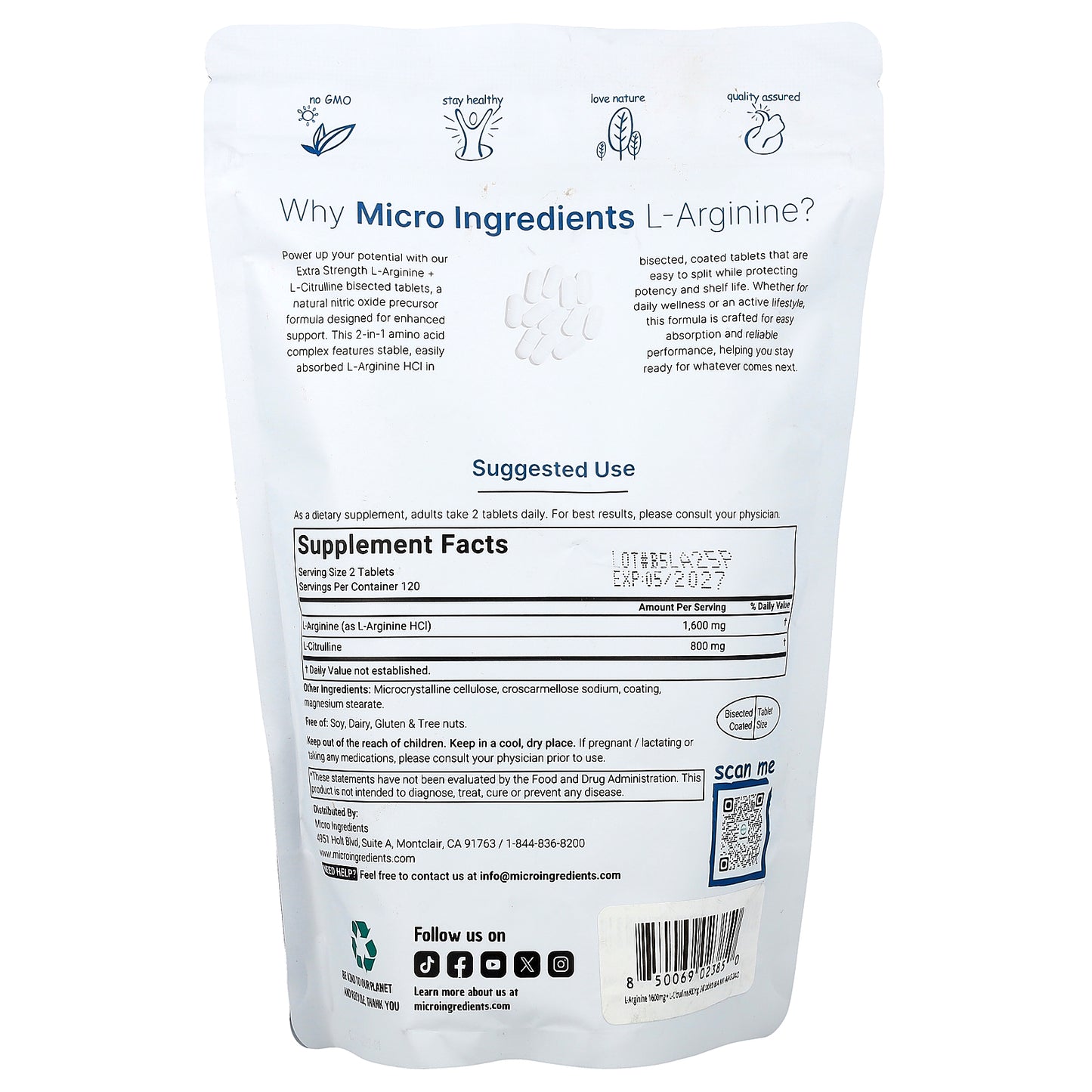 Micro Ingredients, L Arginine + L-Citrulline, 240 Bisected Tablets