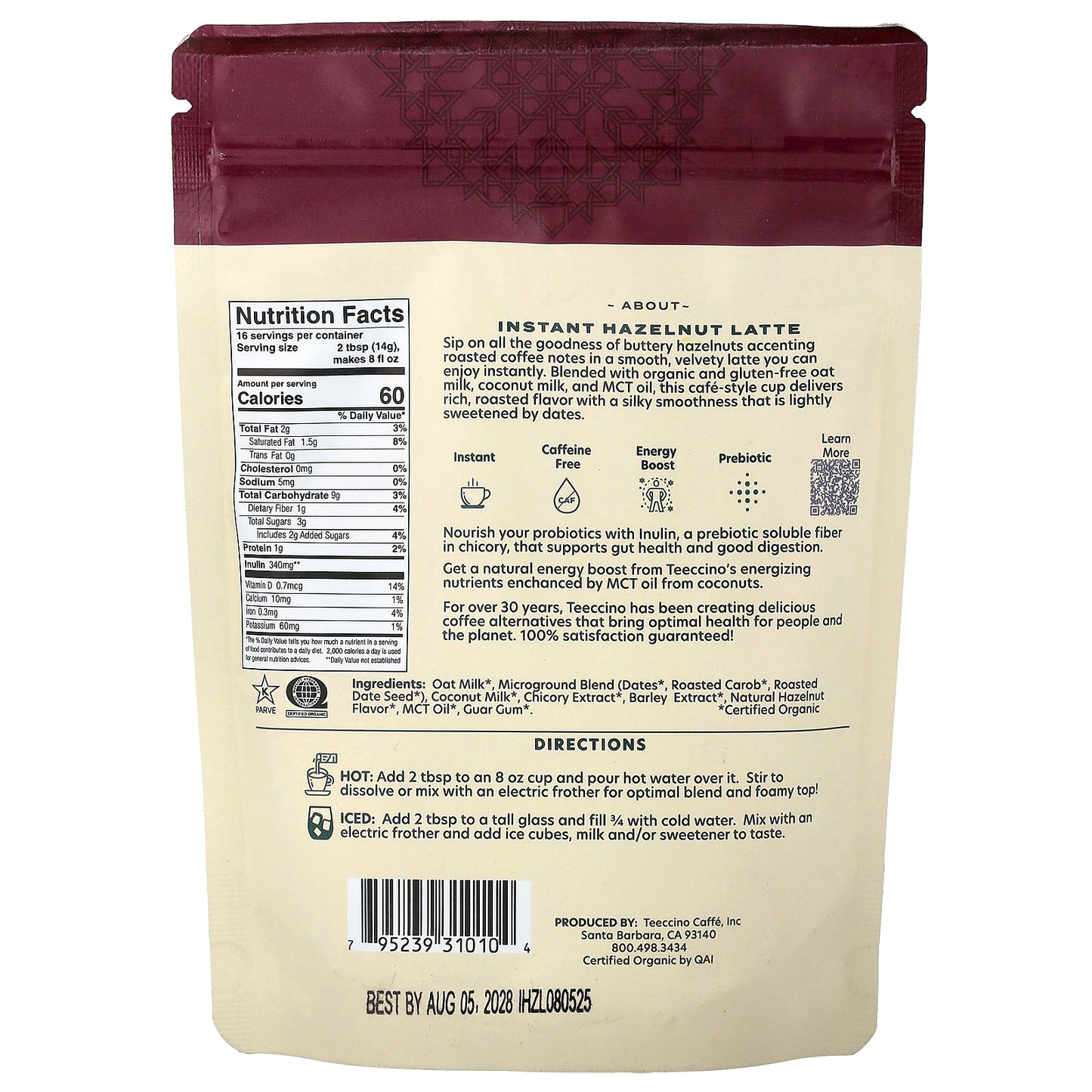 Teeccino, Instant Herbal Latte, Hazelnut, Medium Roast, Caffeine Free, 7.9 oz (224 g)