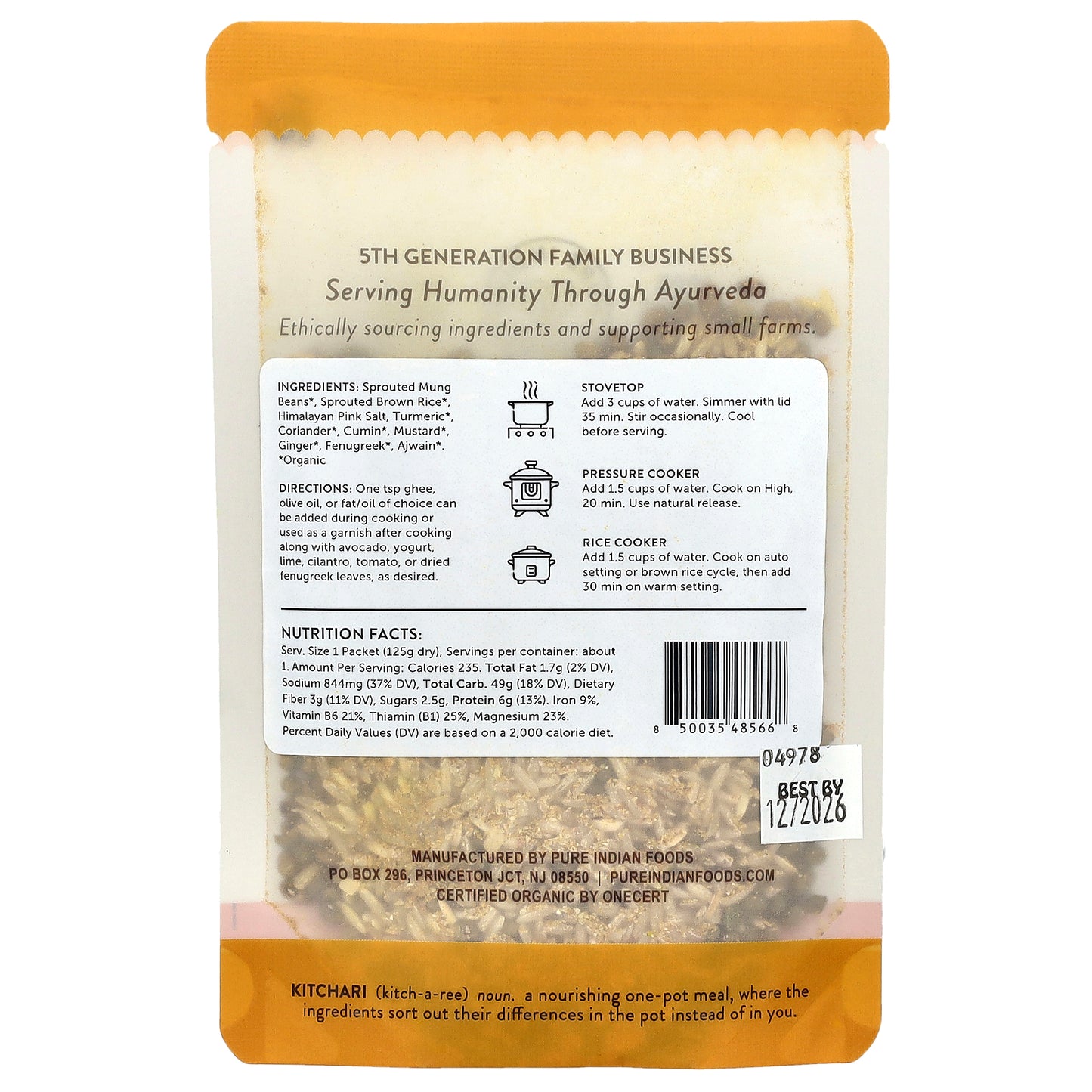 Pure Indian Foods, OnePot, Organic Kitchari, Sprouted Brown Rice, Sprouted Whole Mung Beans, & Spices, 125 g