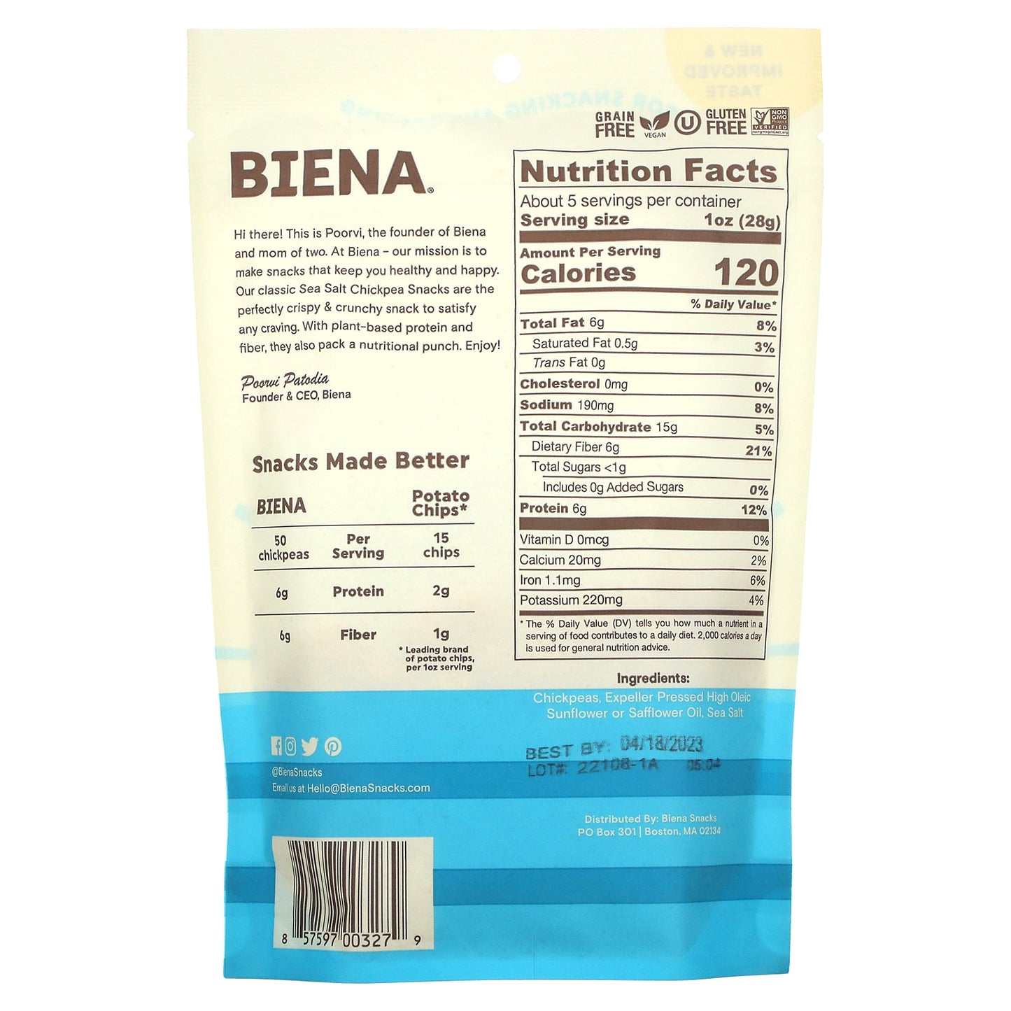 BIENA, Chickpea Snacks, Sea Salt, 5 oz (142 g)