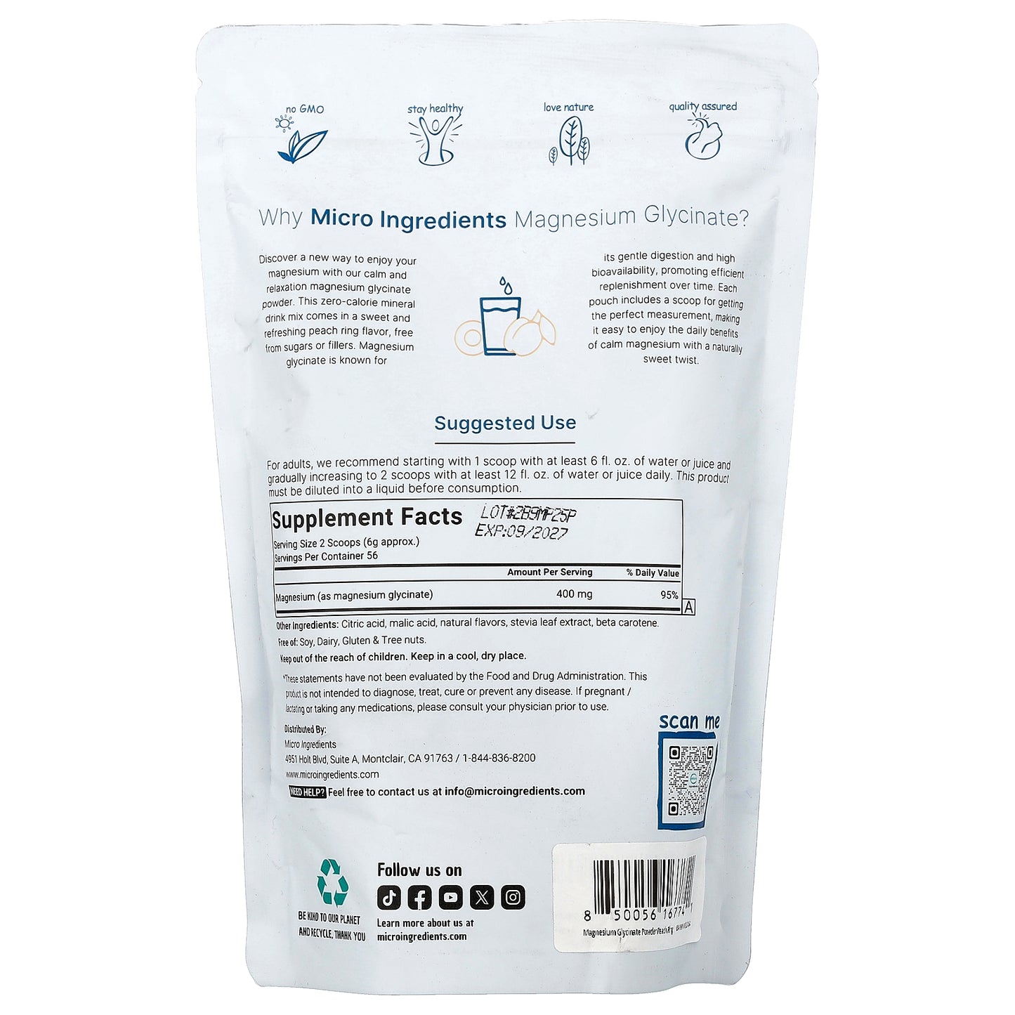 Micro Ingredients, Magnesium Glycinate Powder, Peach Rings, 12 oz (340 g)