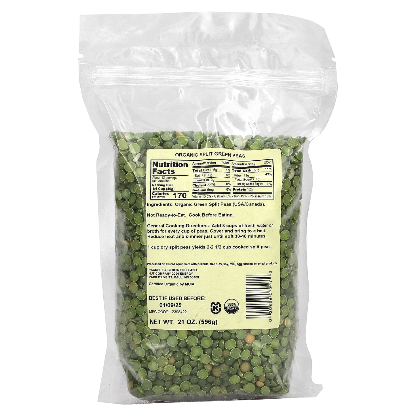 Bergin Fruit and Nut Company, Organic Split Green Peas, 21 oz (596 g)