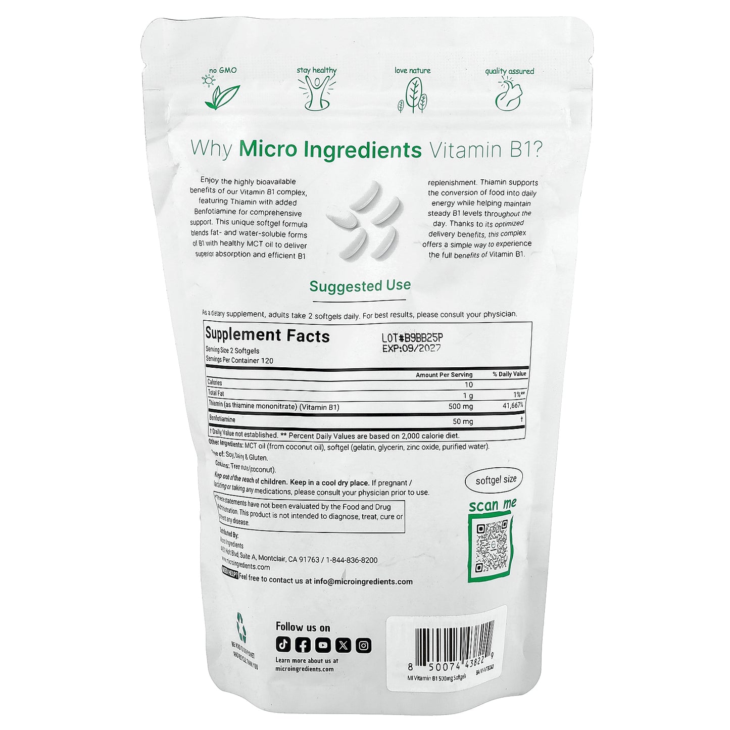 Micro Ingredients, Vitamin B1 With Benfotiamine, 240 Softgels