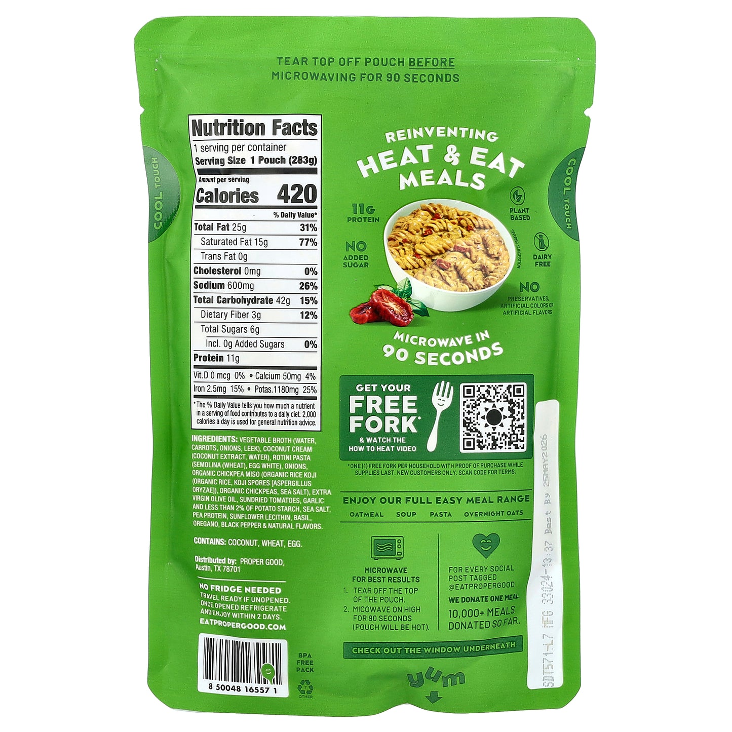 Proper Good, Ready To Eat Pasta, Sundried Tomato Basil, 10 oz (283 g)