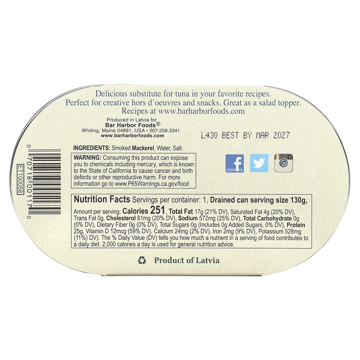 Bar Harbor, Wild Smoked Mackerel Fillets, 6.7 oz (190 g)