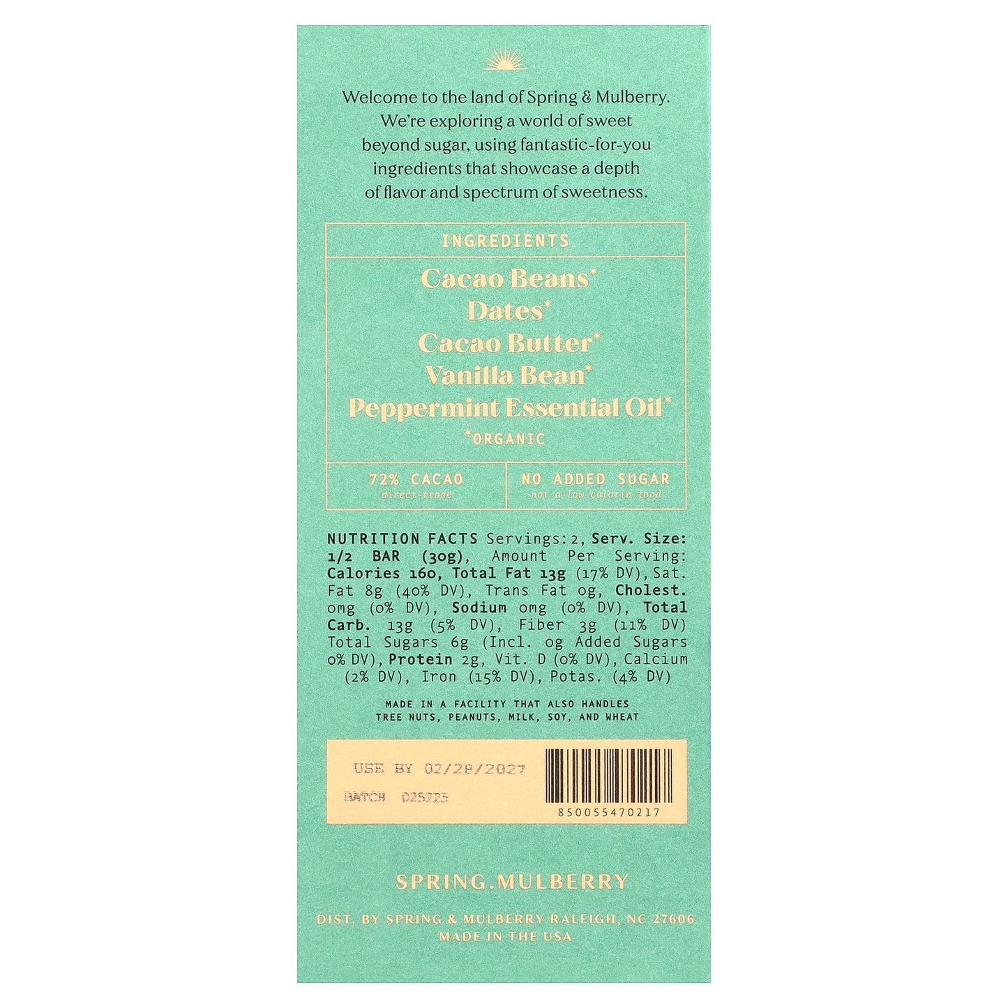Spring & Mulberry, Date-Sweetened Chocolate, Mint Leaf, 2.1 oz (60 g)