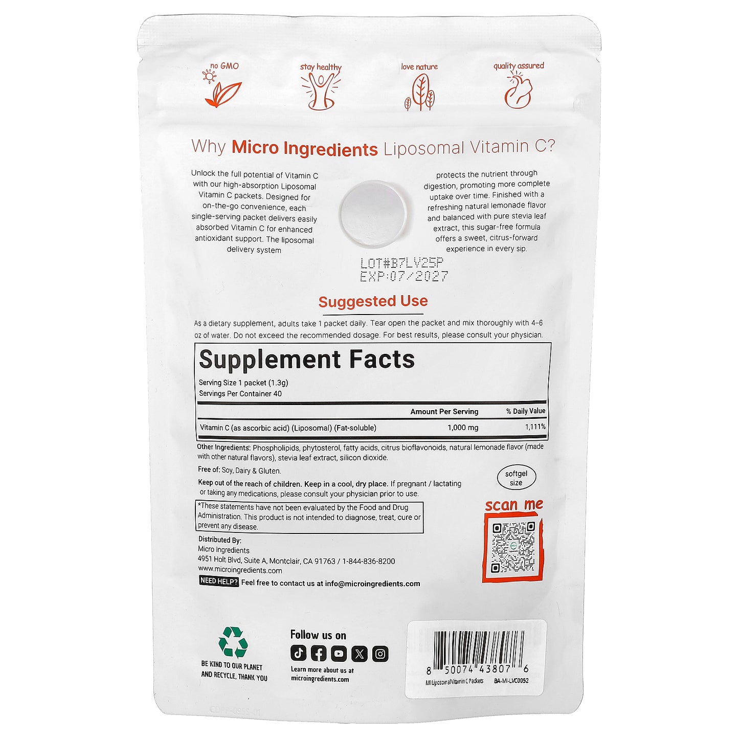 Micro Ingredients, Liposomal Vitamin C, Lemonade, 40 Packets, 0.046 oz (1.3 g) Each