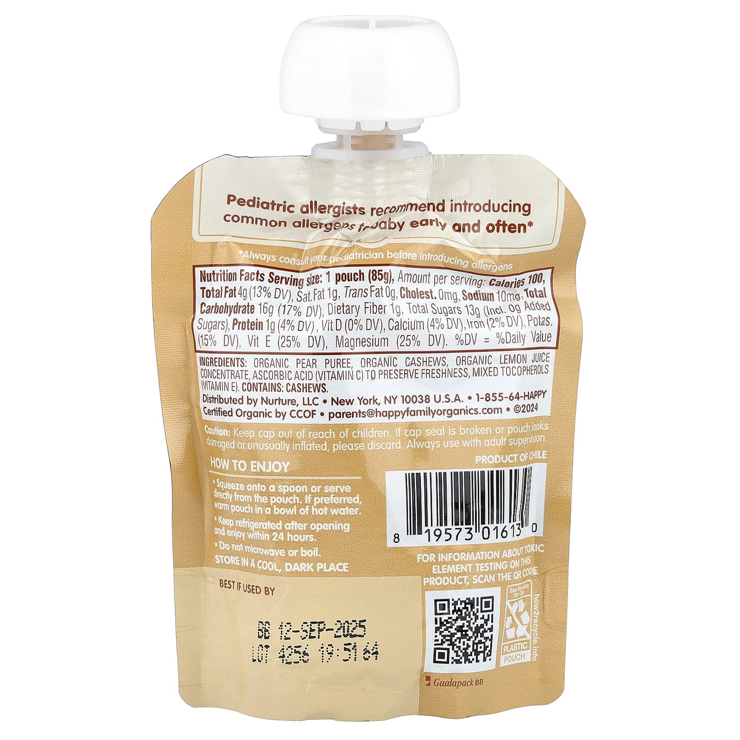 Happy Family Organics, Happy Baby®, Nutty Blends™, 6+ Months, Organic Pears & Cashew Butter, 3 oz (85 g)