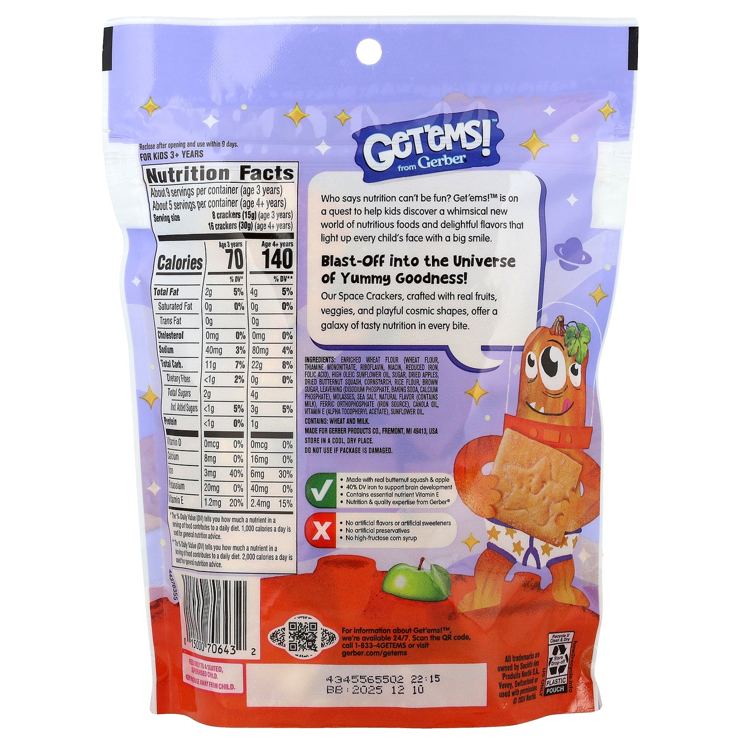 Gerber, Get'ems!™, Space Crackers, For Kids 3+, Maple, 5 oz (142 g)