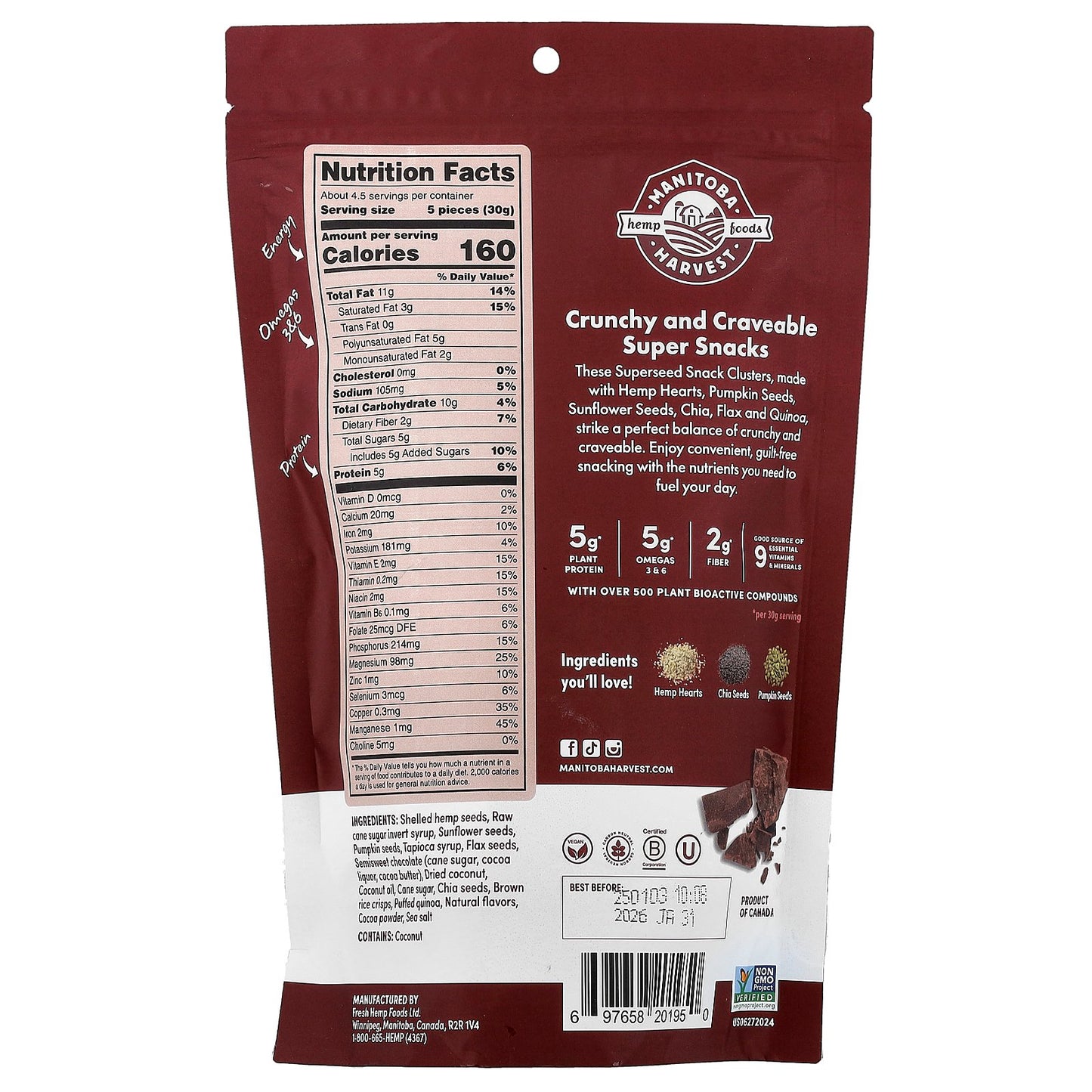 Manitoba Harvest, Superseed Snack Clusters, Dark Chocolate, 4.6 oz (130 g)