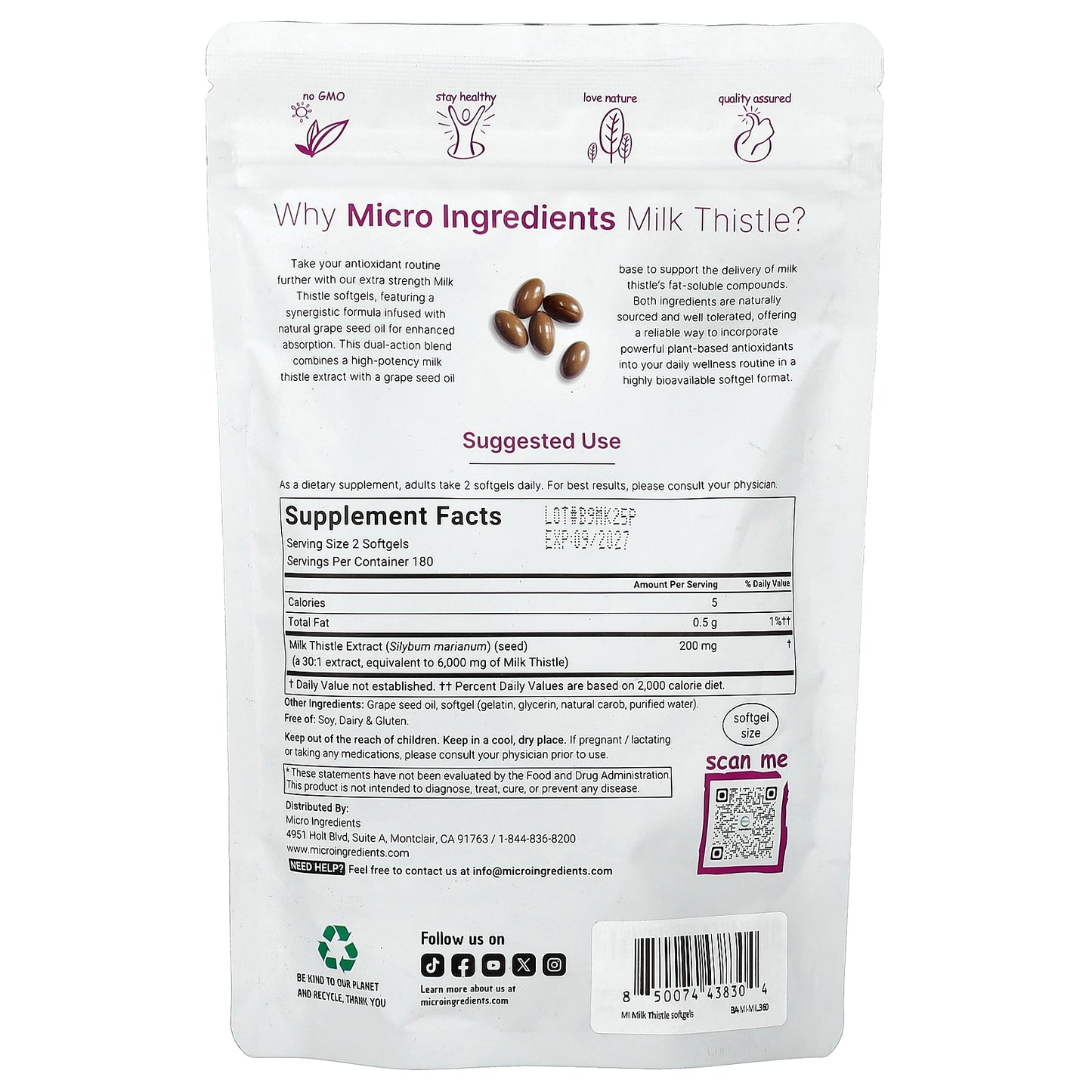 Micro Ingredients, Milk Thistle Extract, 360 Softgels (100 mg per Softgel)