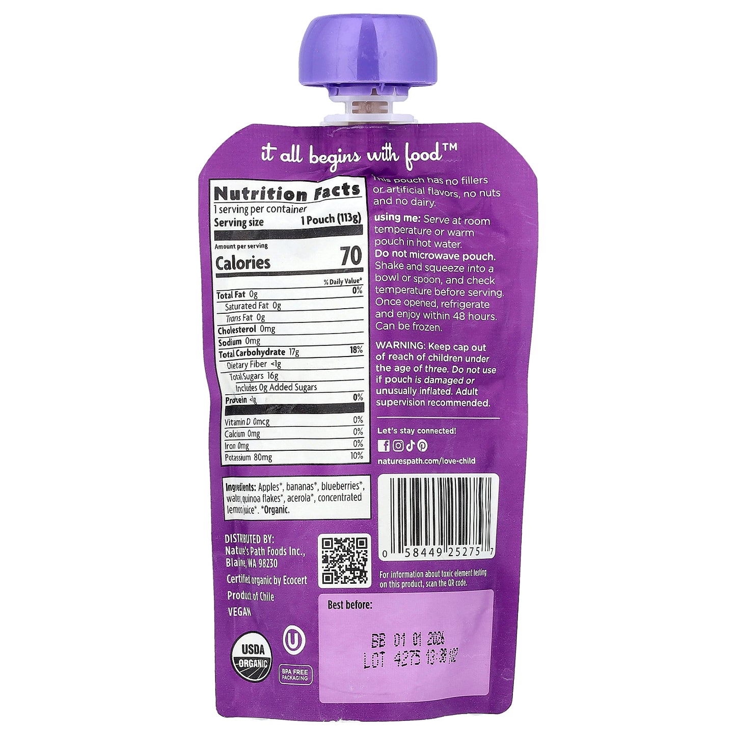 Love Child Organics, Nature's Path, Organic Baby Puree, 6 Months+, Apples, Bananas, Blueberries, 4 oz (113 g)