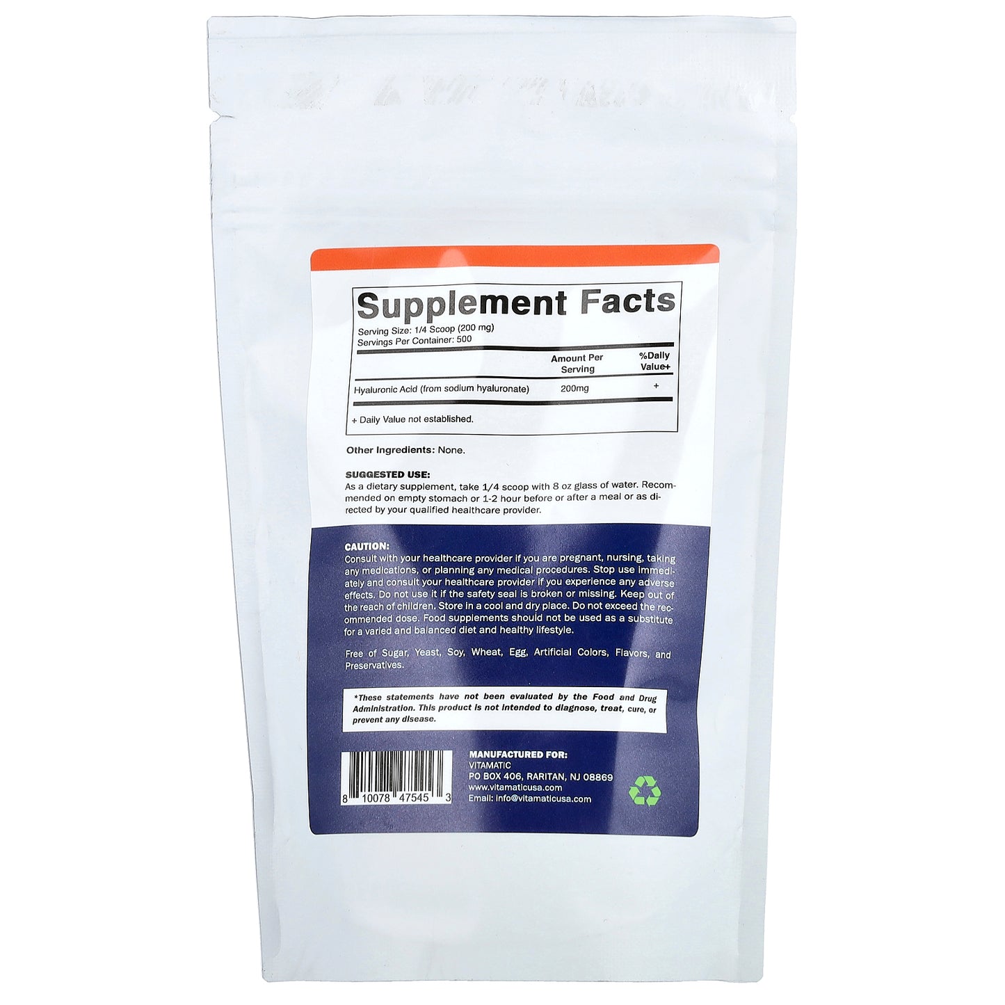 Vitamatic, Hyaluronic Acid Powder, Unflavored, 3.5 oz (100 g)